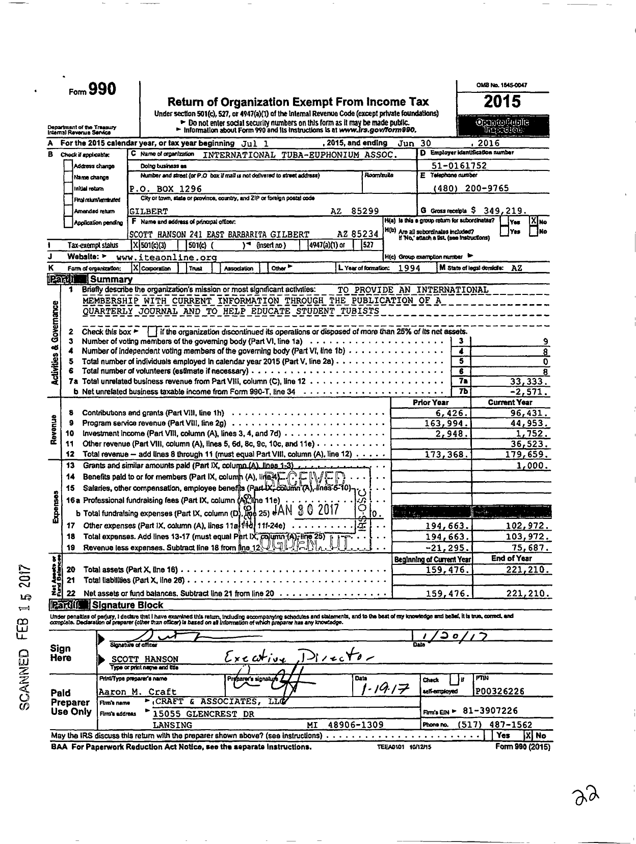 Image of first page of 2015 Form 990 for International Tuba-Euphonium Association