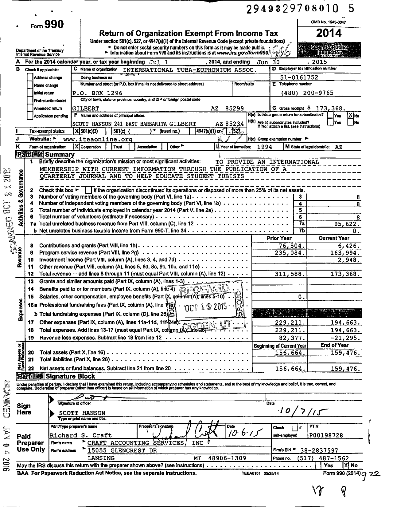 Image of first page of 2014 Form 990 for International Tuba-Euphonium Association