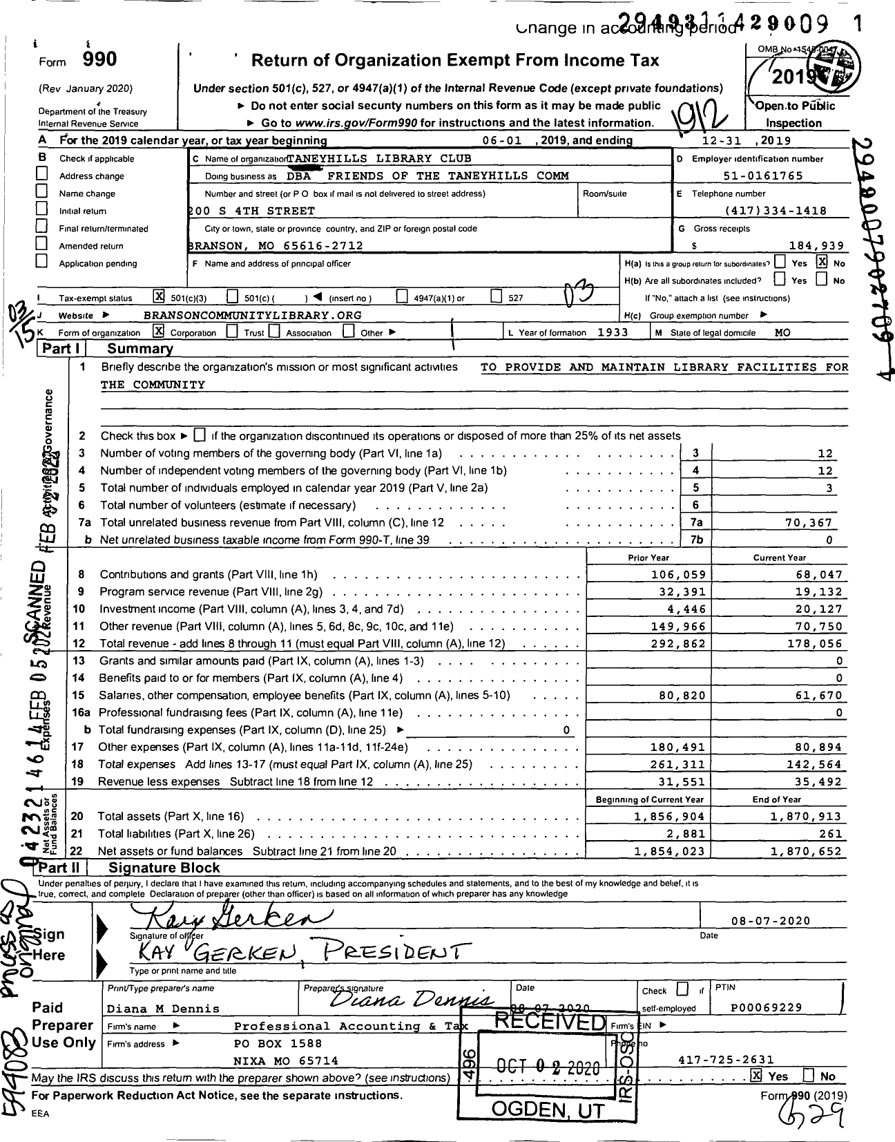 Image of first page of 2019 Form 990 for Taneyhills Library