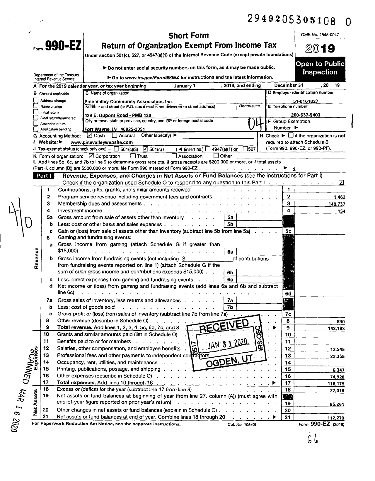 Image of first page of 2019 Form 990EO for Pine Valley Community Association