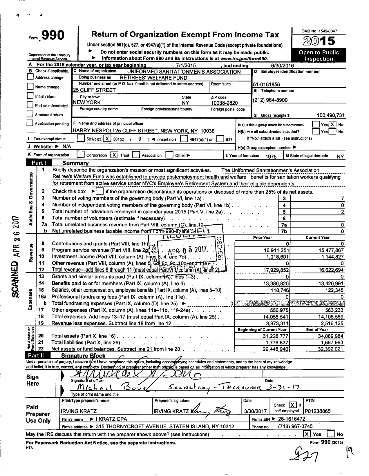 Image of first page of 2015 Form 990O for Retirees Welfare Fund