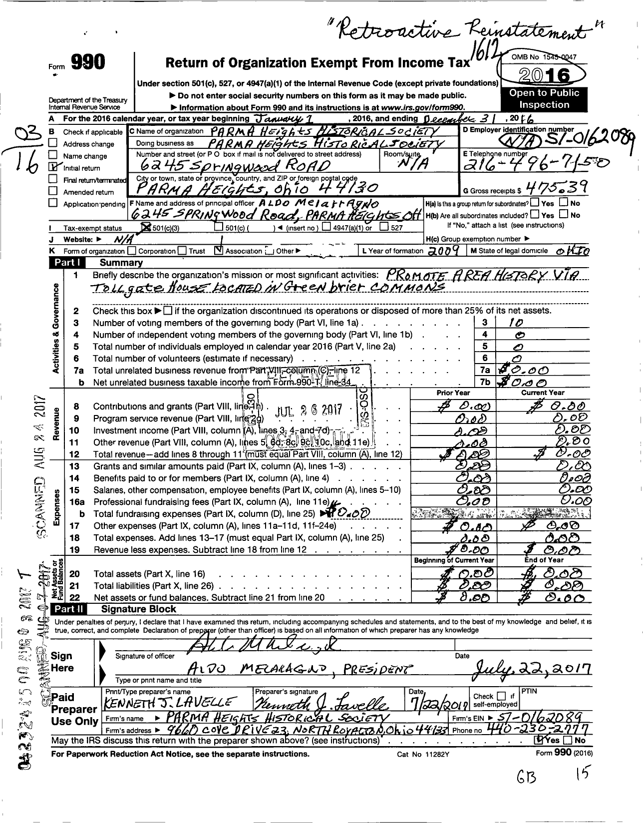 Image of first page of 2016 Form 990 for Parma Heights Historical Society