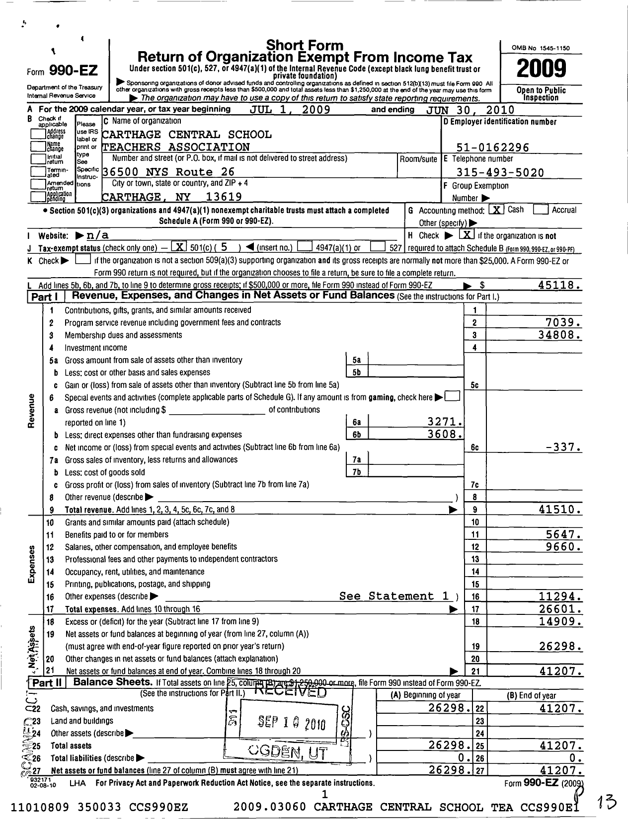 Image of first page of 2009 Form 990EO for American Federation of Teachers - 2542 Carthage Teachers Association