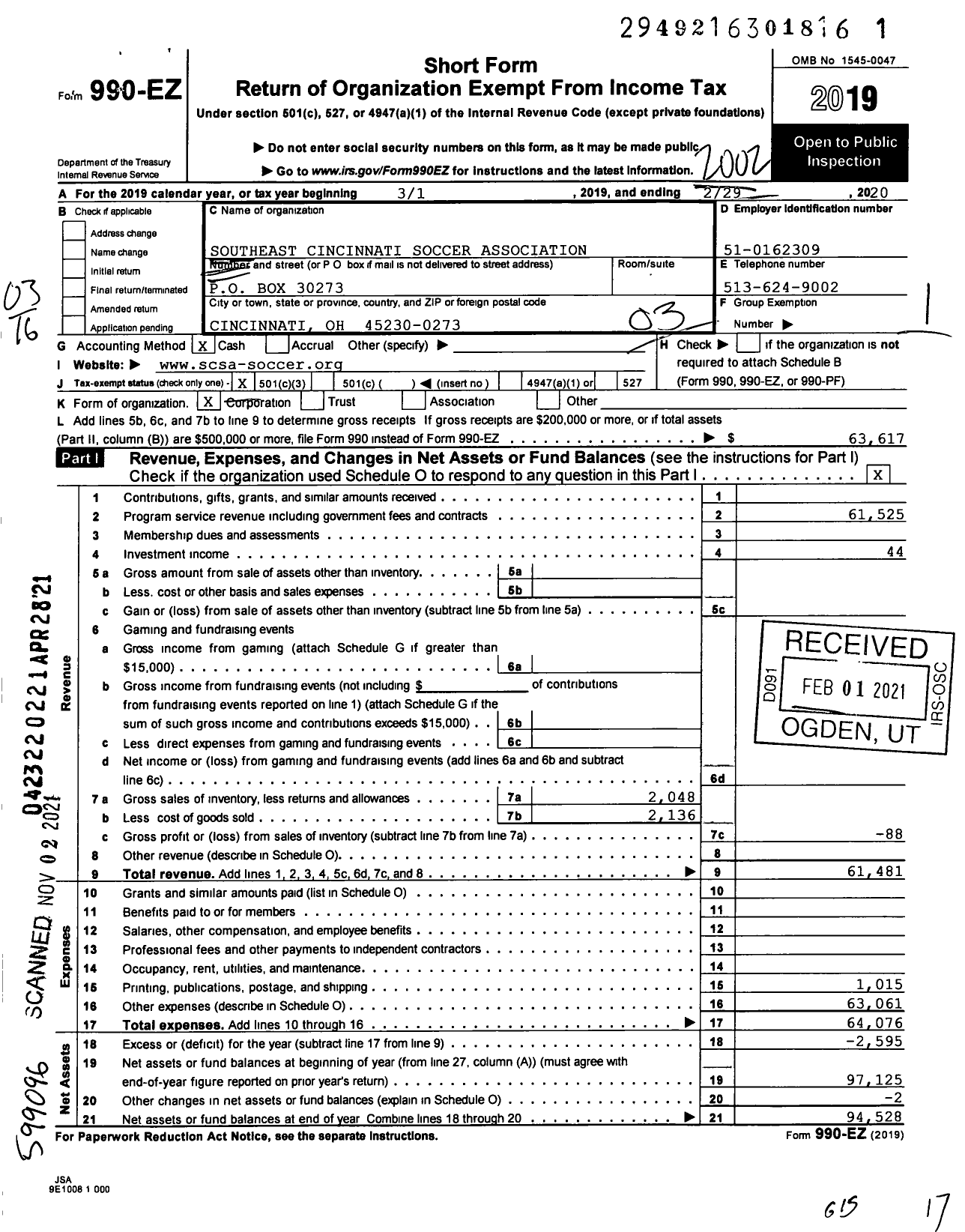 Image of first page of 2019 Form 990EZ for Southeast Cincinnati Soccer Association