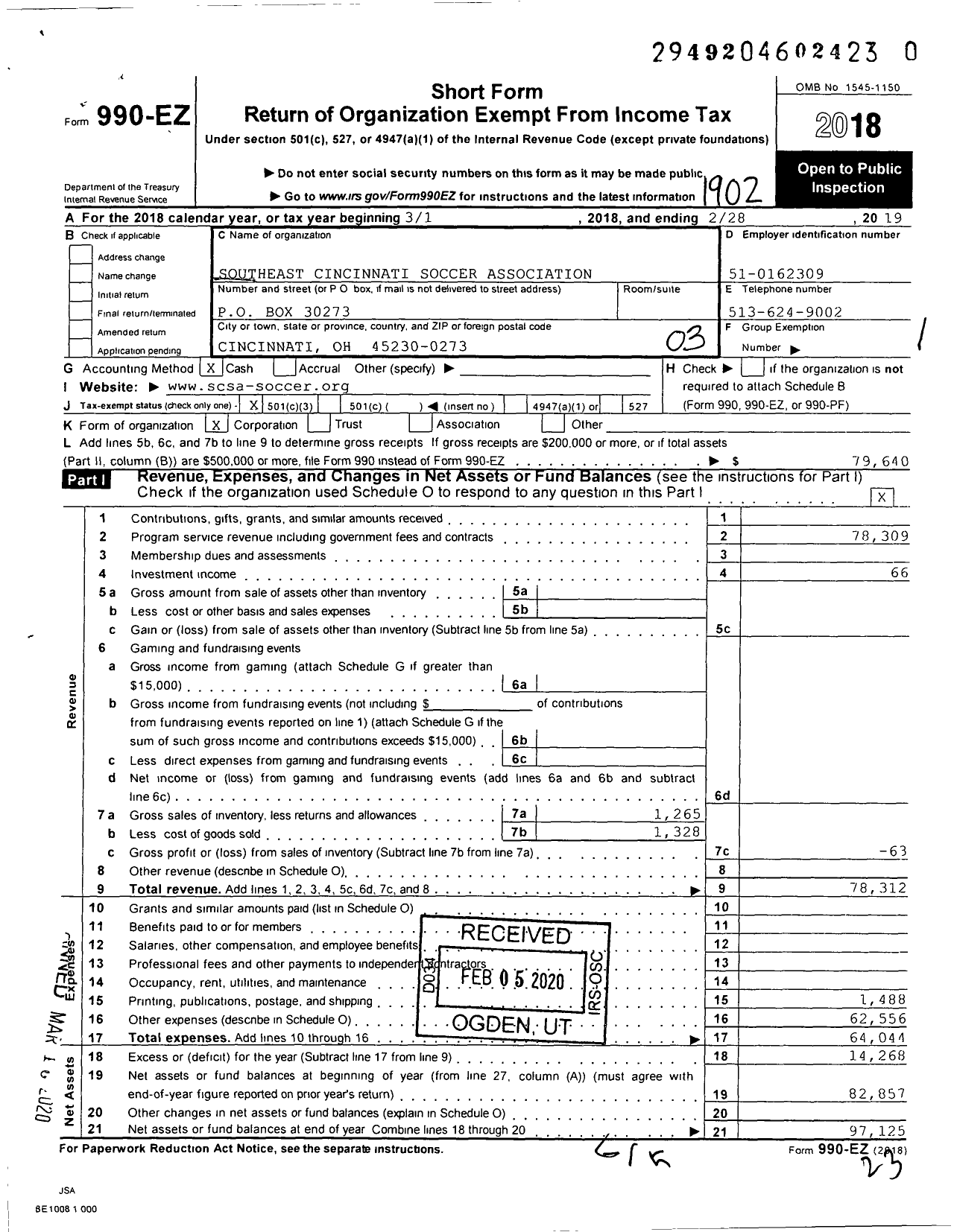 Image of first page of 2018 Form 990EZ for Southeast Cincinnati Soccer Association