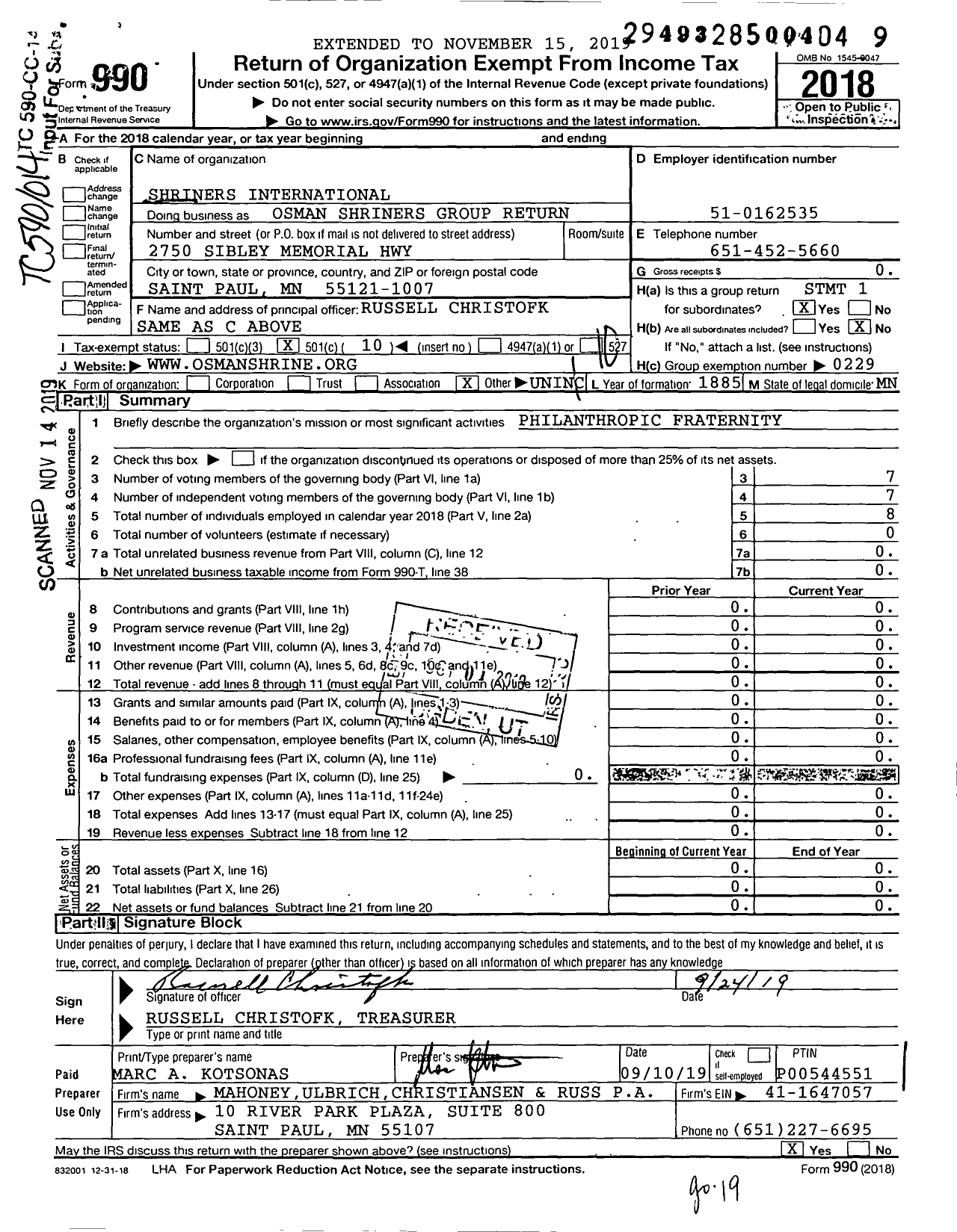 Image of first page of 2018 Form 990O for Shriners International - Osman Shriners Group Return