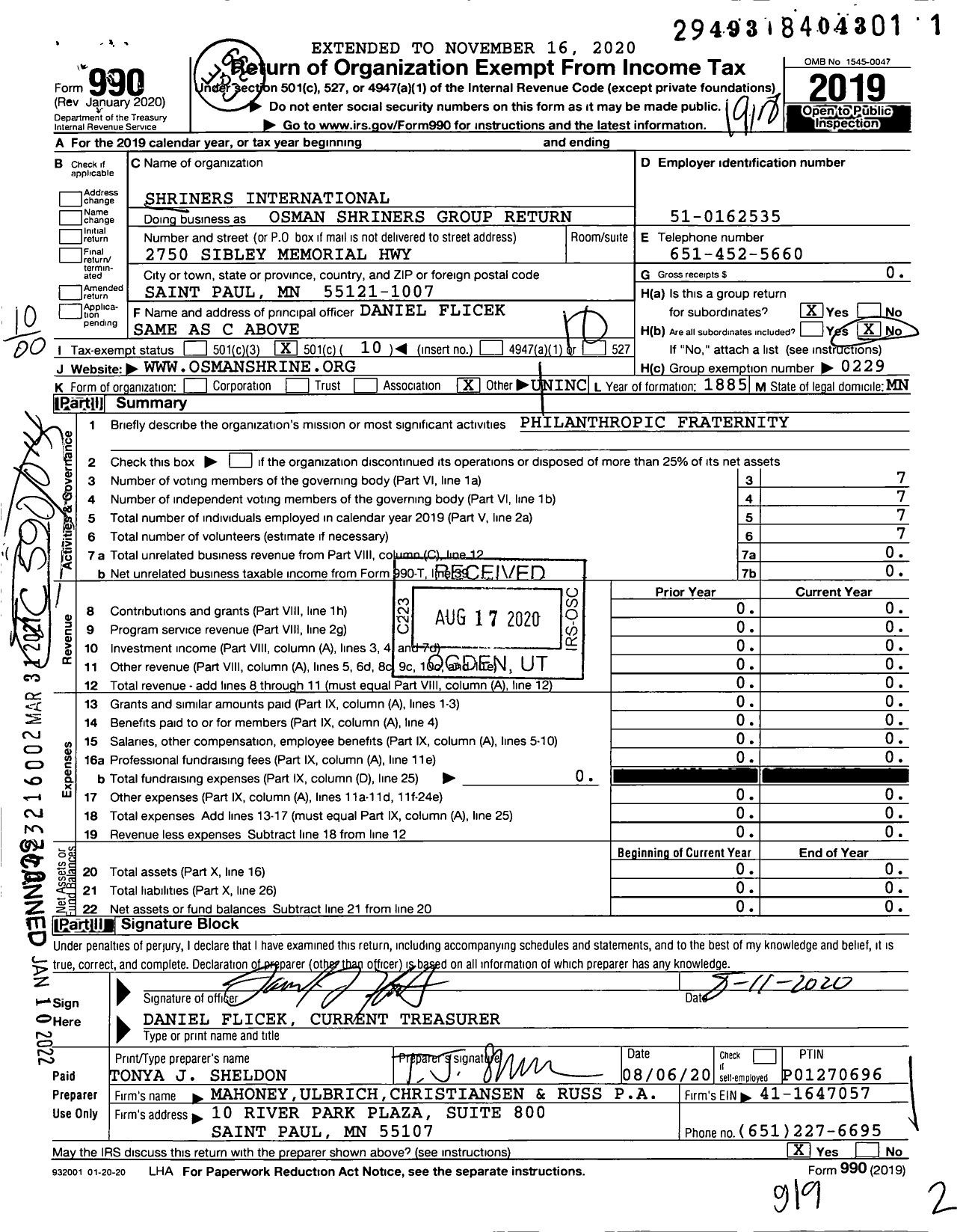 Image of first page of 2019 Form 990O for Shriners International - Osman Shriners Group Return