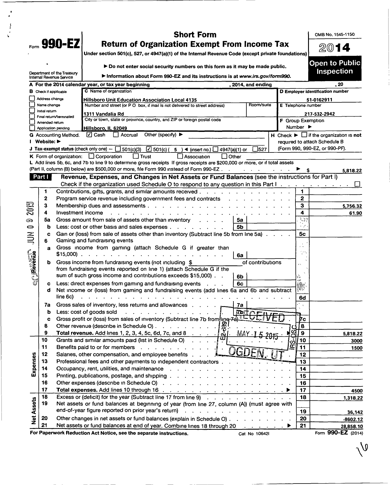 Image of first page of 2014 Form 990EO for American Federation of Teachers - 4135 Local Hillsboro Unit Education