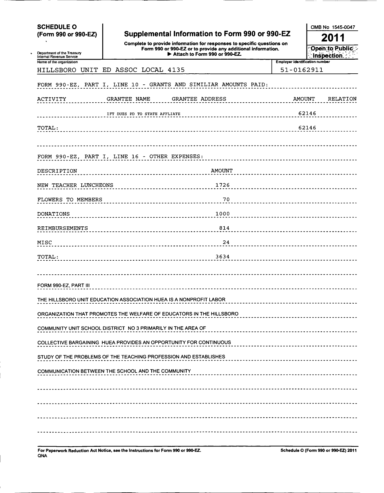 Image of first page of 2011 Form 990EO for American Federation of Teachers - 4135 Local Hillsboro Unit Education