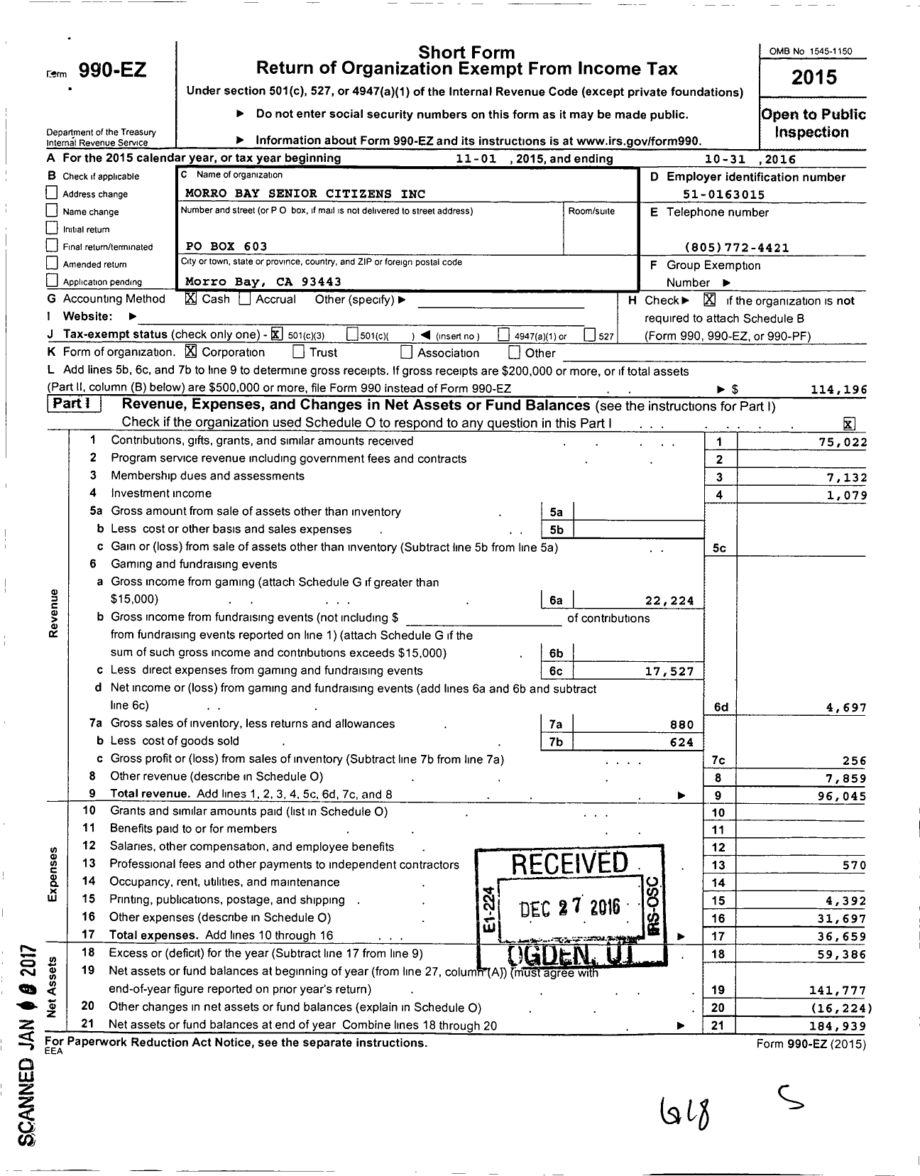 Image of first page of 2015 Form 990EZ for Morro Bay Senior Citizens