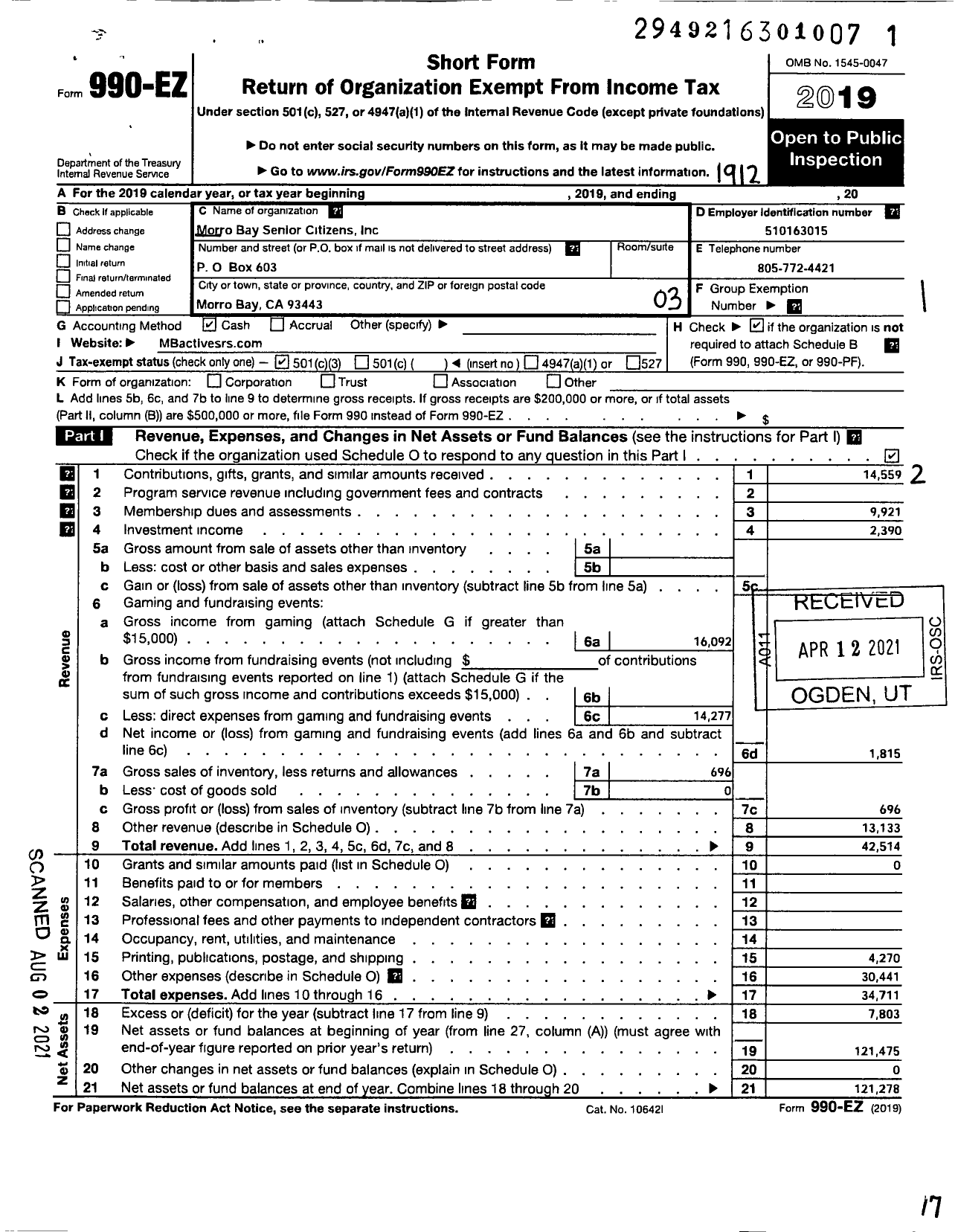 Image of first page of 2019 Form 990EZ for Morro Bay Senior Citizens