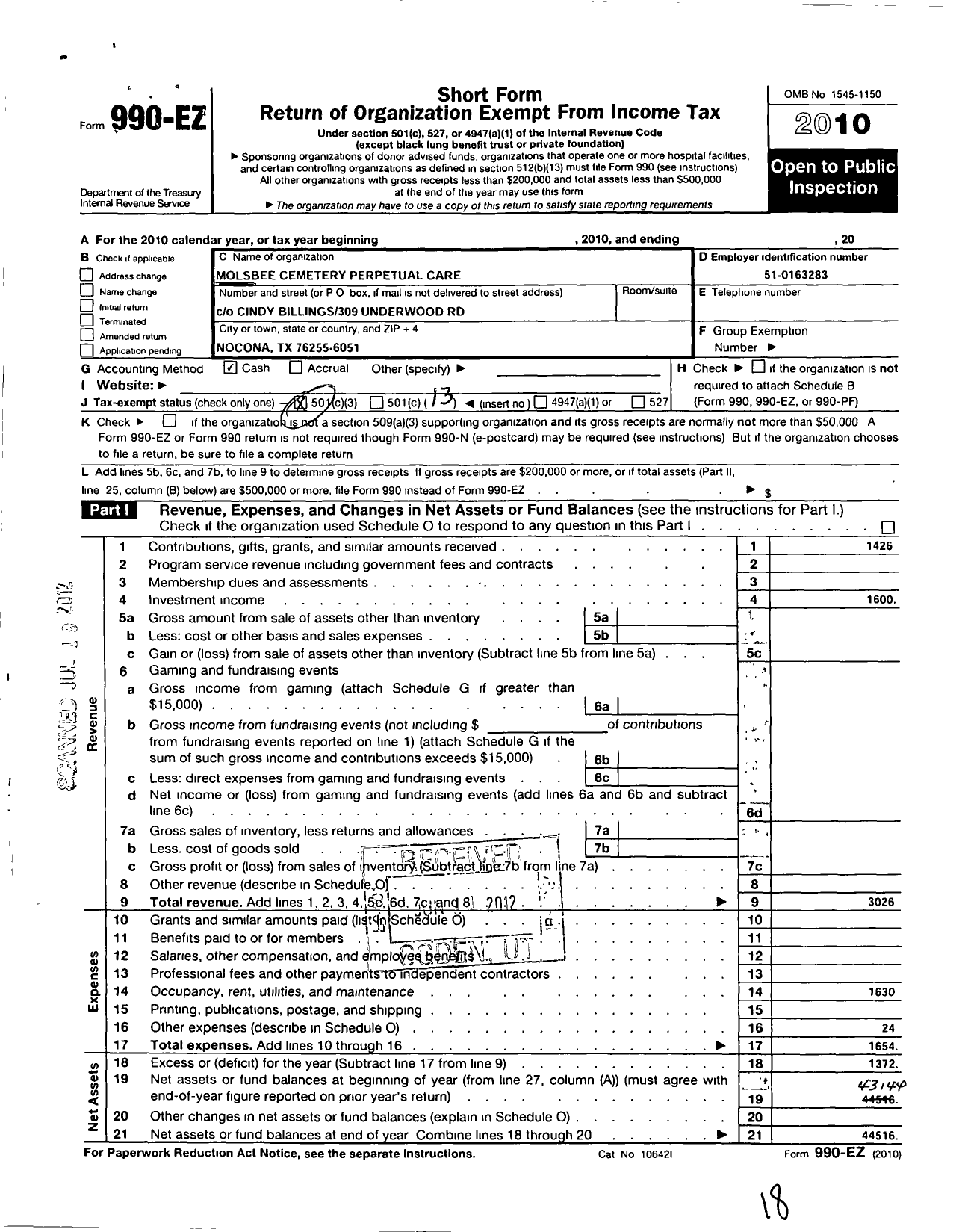 Image of first page of 2010 Form 990EO for Molsbee Cemetery Perpetual Care Association