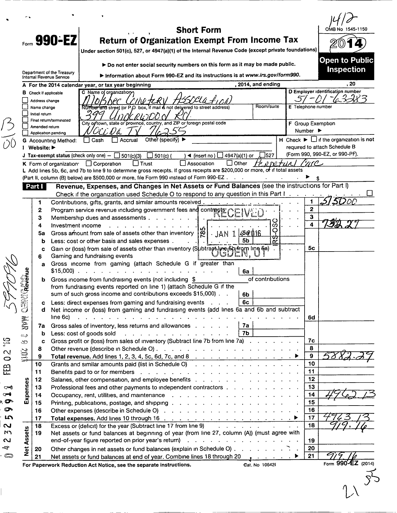 Image of first page of 2014 Form 990EO for Molsbee Cemetery Perpetual Care Association