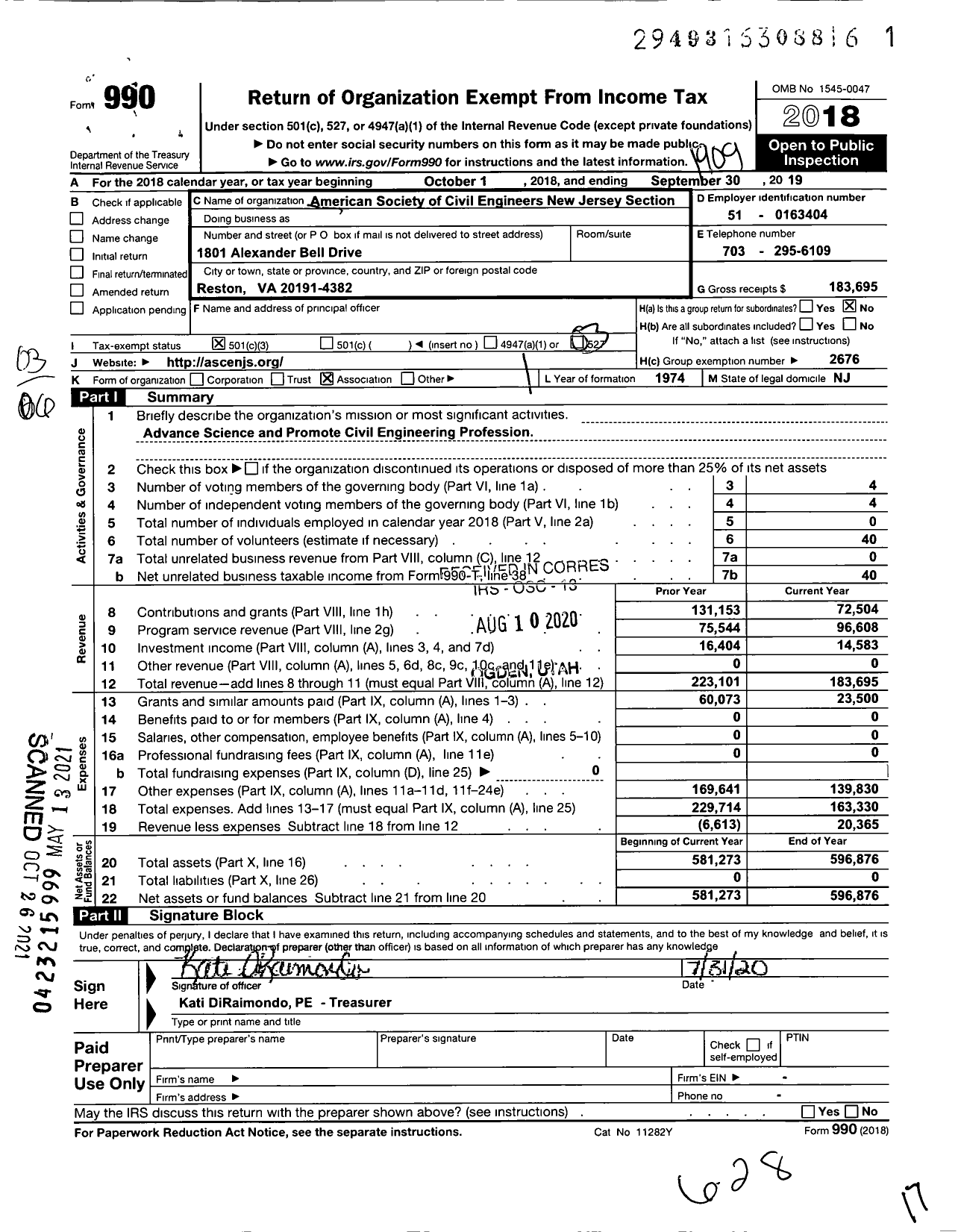 Image of first page of 2018 Form 990 for AMERICAN SOCIETY OF CIVIL ENGINEERS New Jersey Section