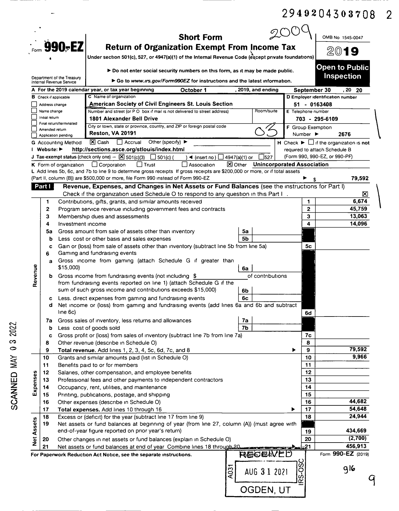 Image of first page of 2019 Form 990EZ for AMERICAN SOCIETY OF CIVIL ENGINEERS St Louis Section