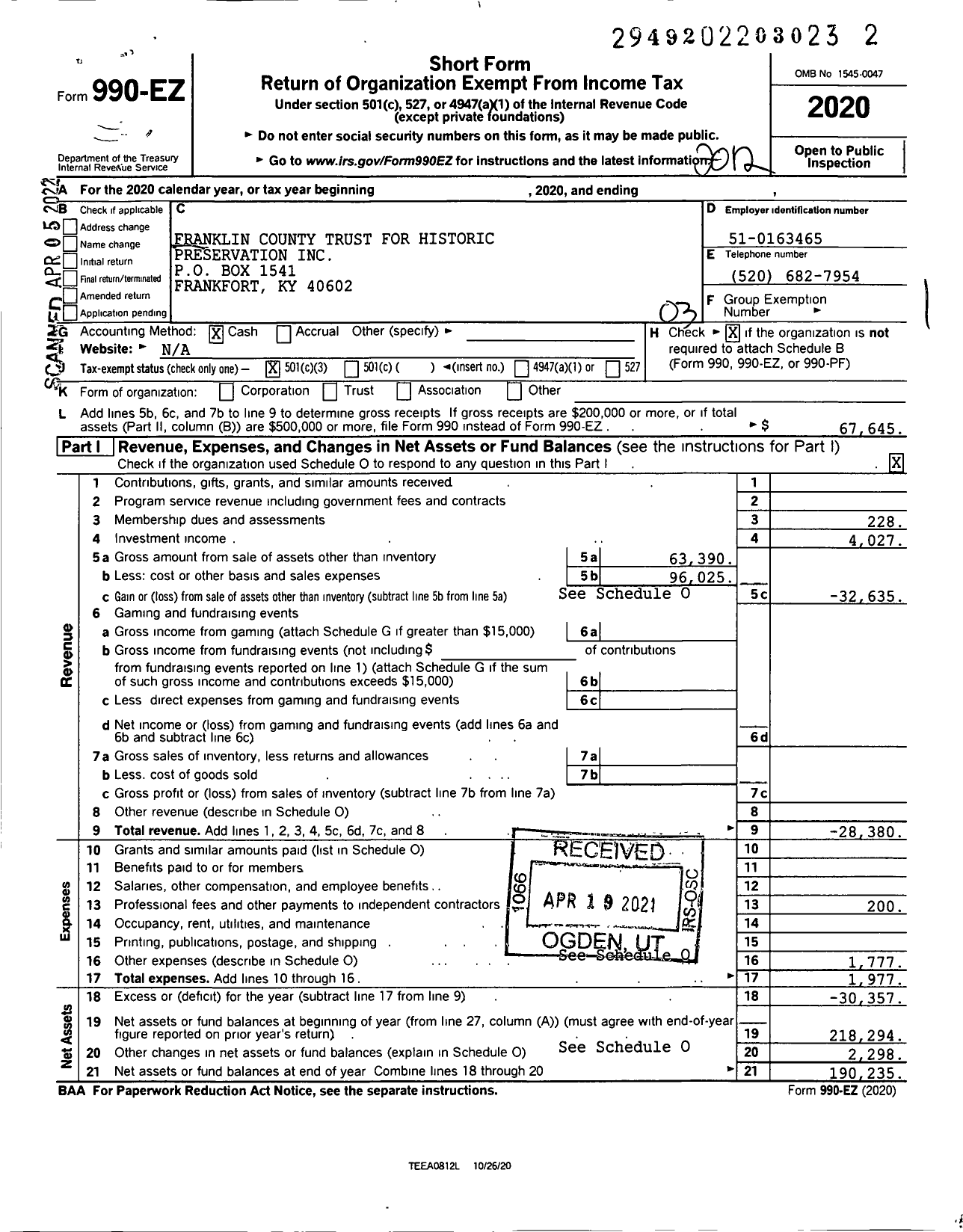 Image of first page of 2020 Form 990EZ for Franklin County Trust for Historic Preservation