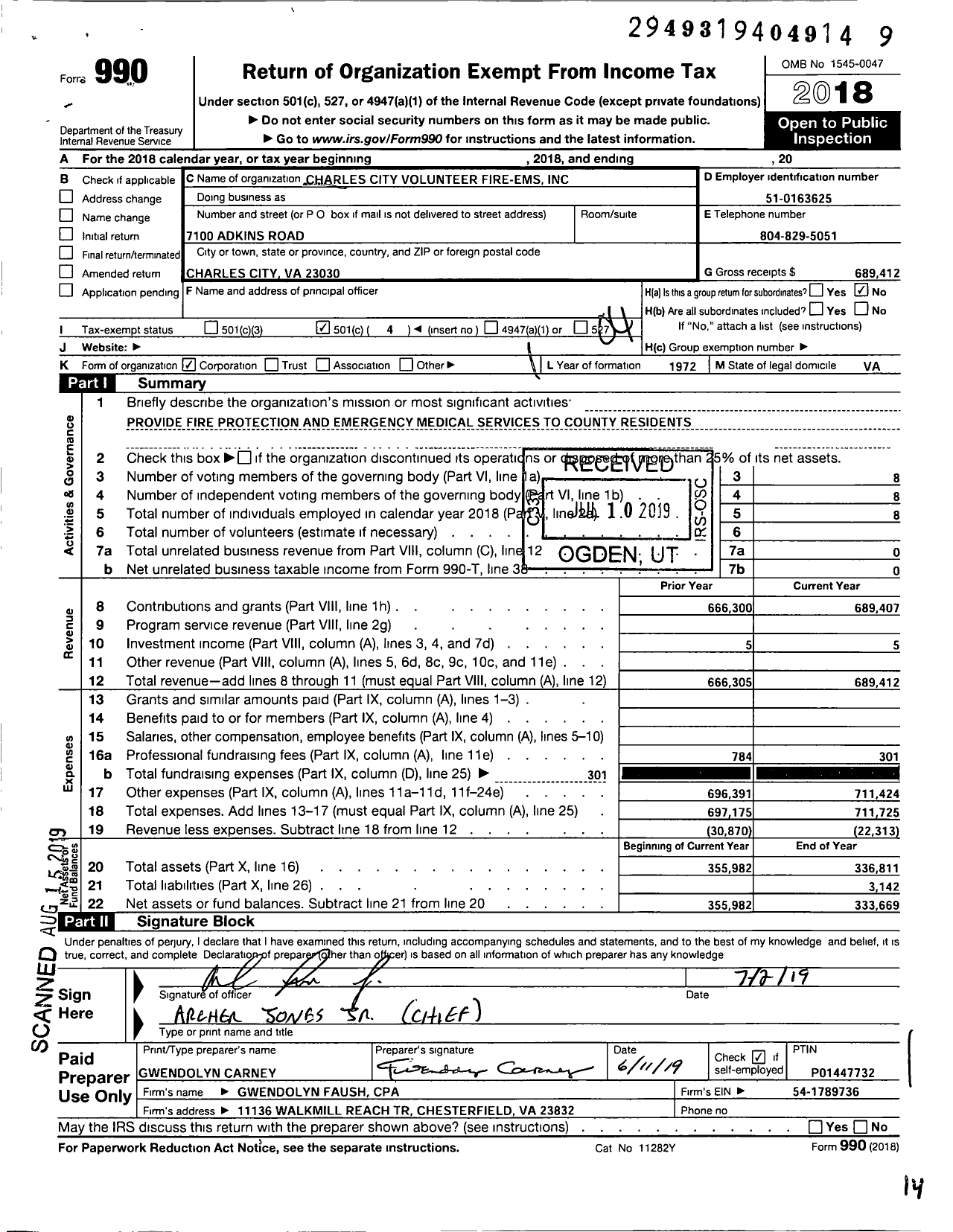 Image of first page of 2018 Form 990O for Charles City Volunteer Fire