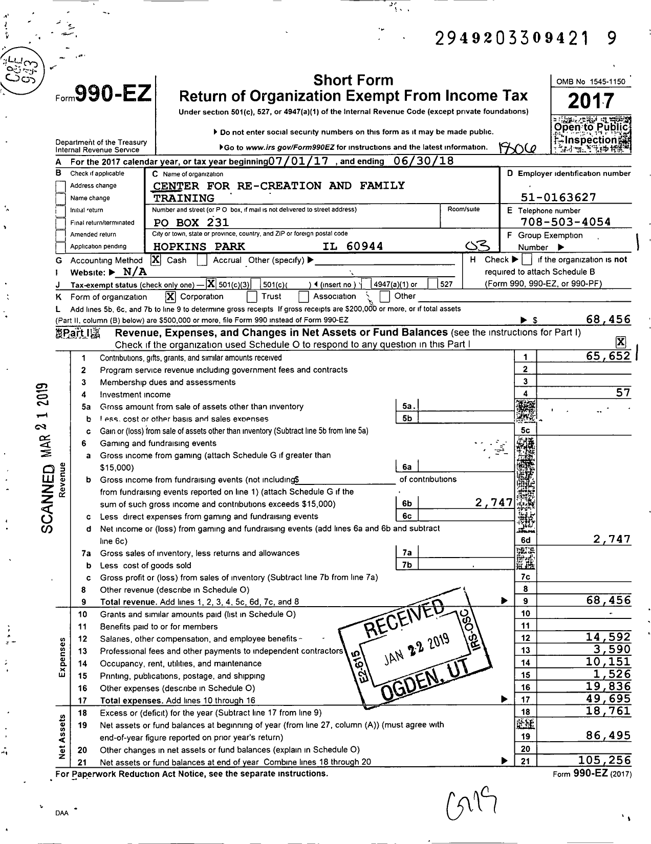 Image of first page of 2017 Form 990EZ for Center for Re-Creation and Family Training