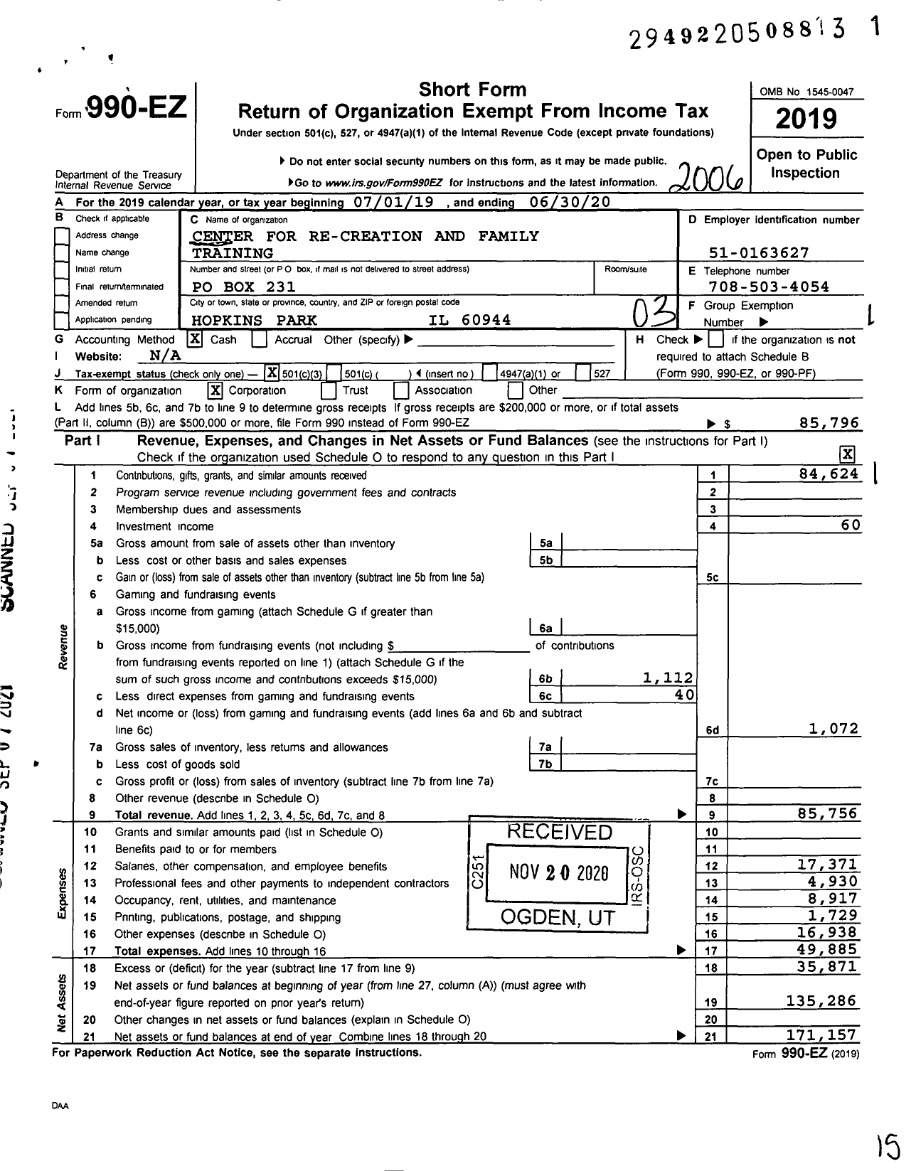 Image of first page of 2019 Form 990EZ for Center for Re-Creation and Family Training