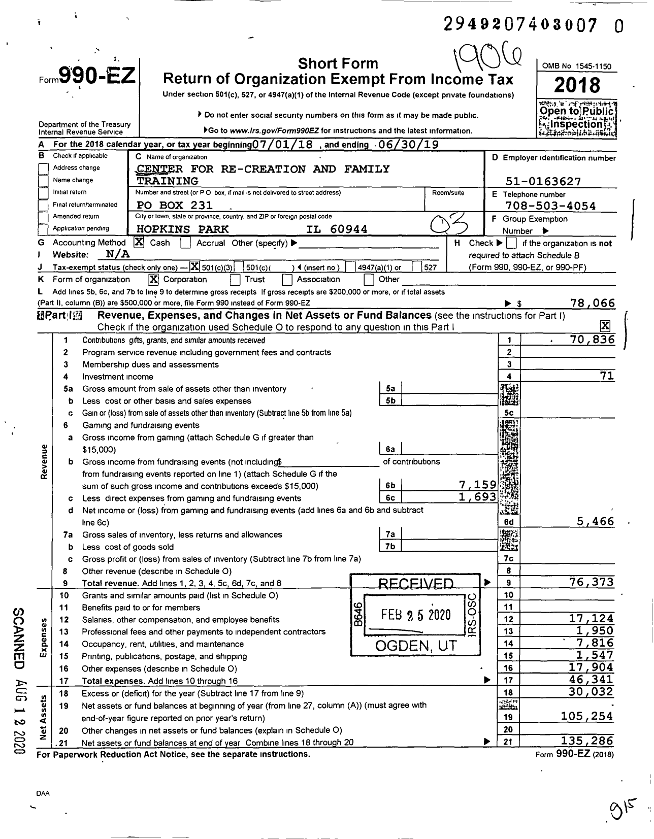 Image of first page of 2018 Form 990EZ for Center for Re-Creation and Family Training