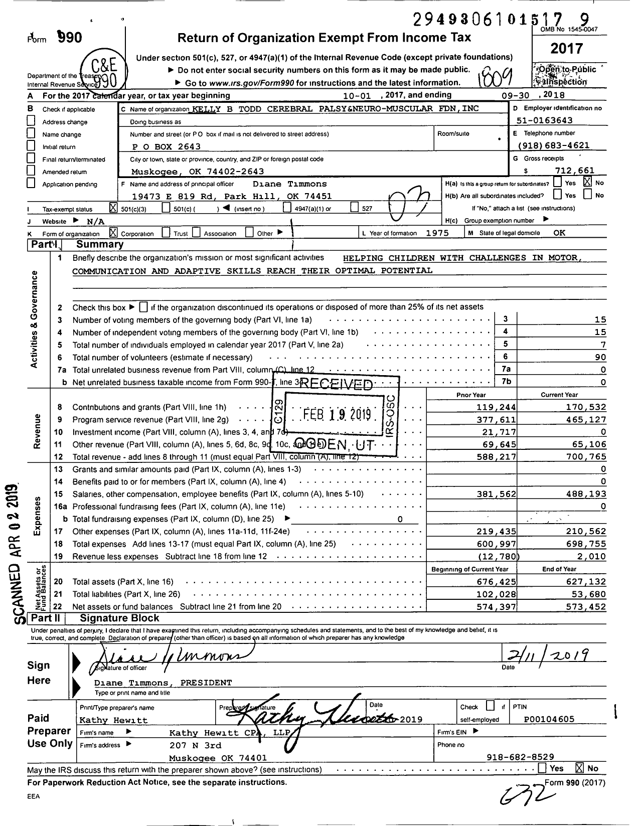 Image of first page of 2017 Form 990 for Kelly B Todd Cerebral Palsy and Neuro Neuro-Musc