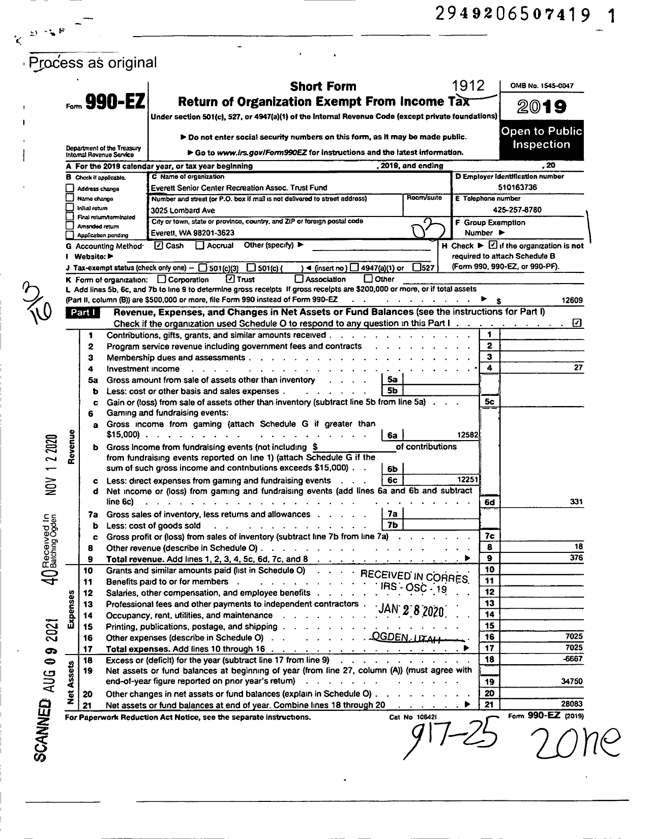 Image of first page of 2019 Form 990EZ for Everett Senior Center Recreation Association Trust Fund