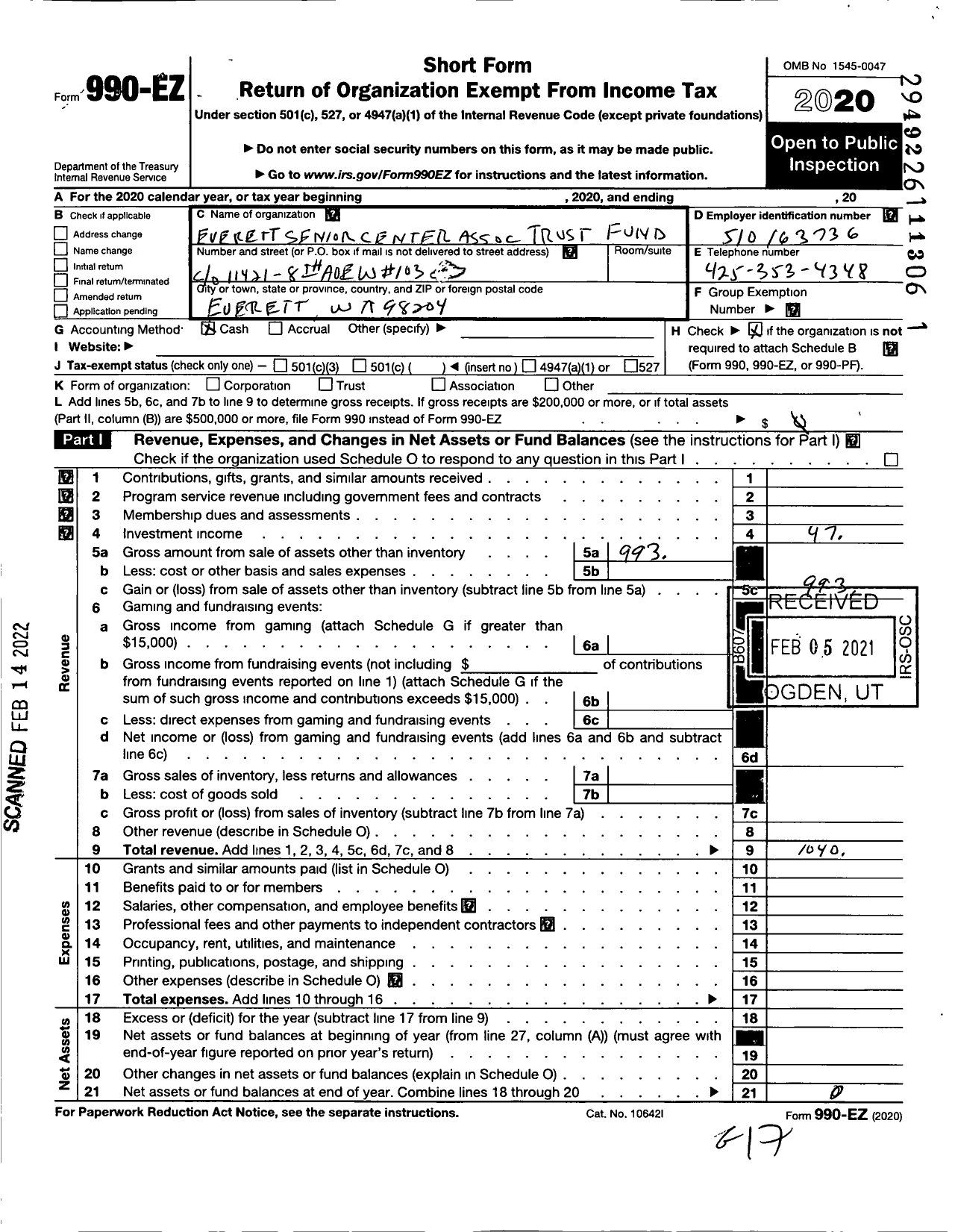 Image of first page of 2020 Form 990EO for Everett Senior Center Recreation Association Trust Fund