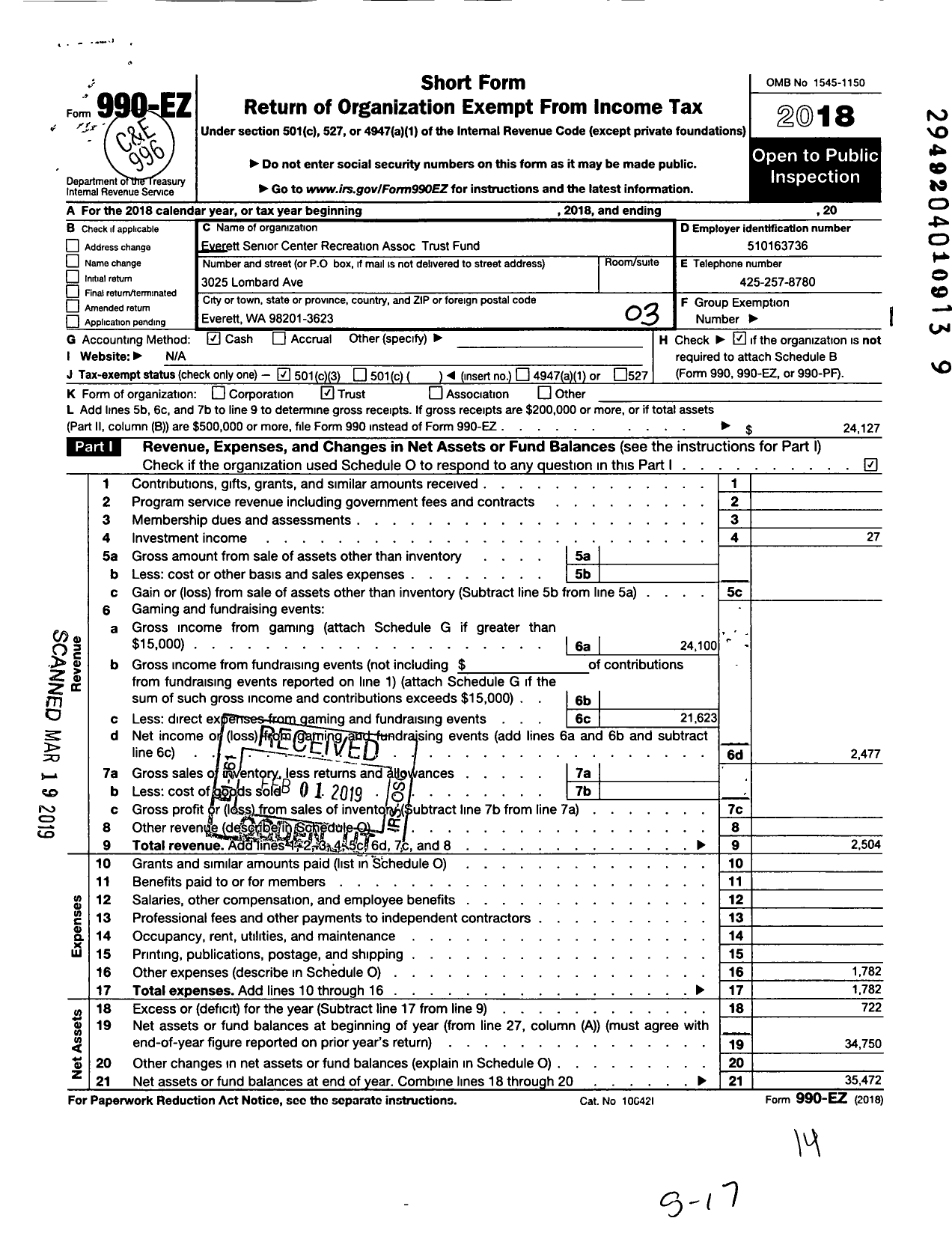 Image of first page of 2018 Form 990EZ for Everett Senior Center Recreation Association Trust Fund