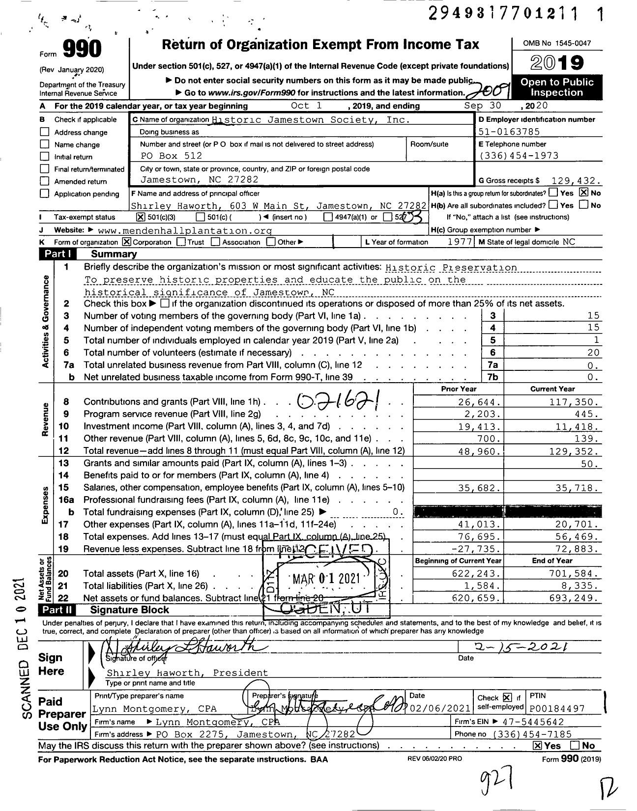 Image of first page of 2019 Form 990 for Historic Jamestown Society