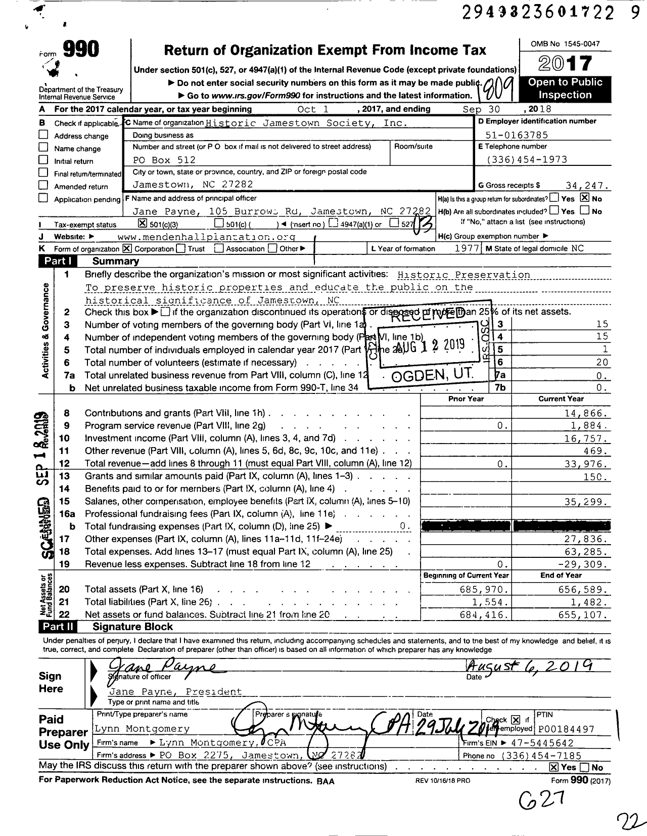 Image of first page of 2017 Form 990 for Historic Jamestown Society