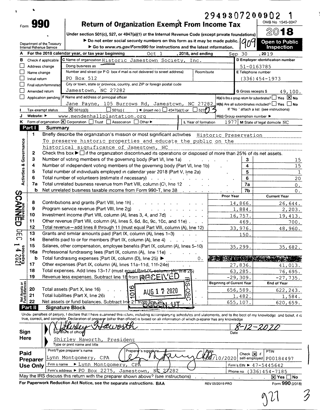 Image of first page of 2018 Form 990 for Historic Jamestown Society