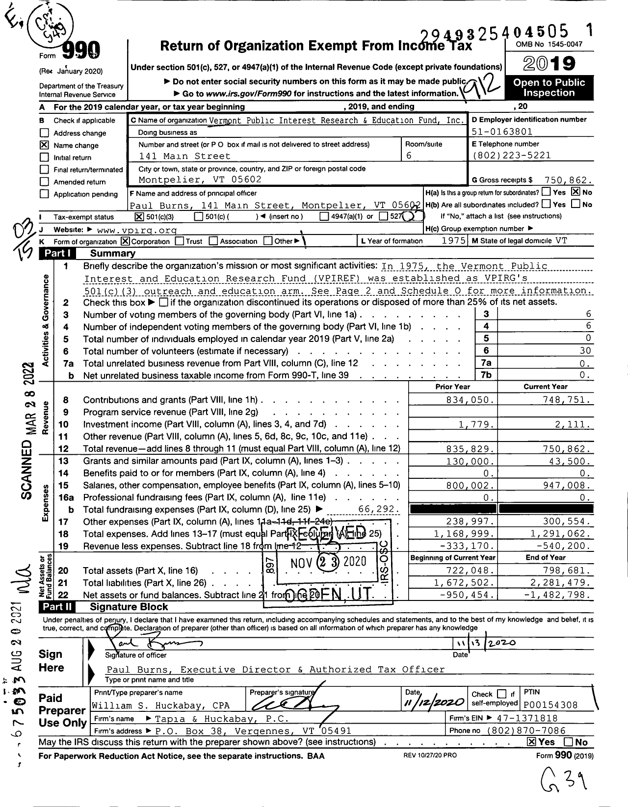 Image of first page of 2019 Form 990 for Vermont Public Interest Research and Education Fund