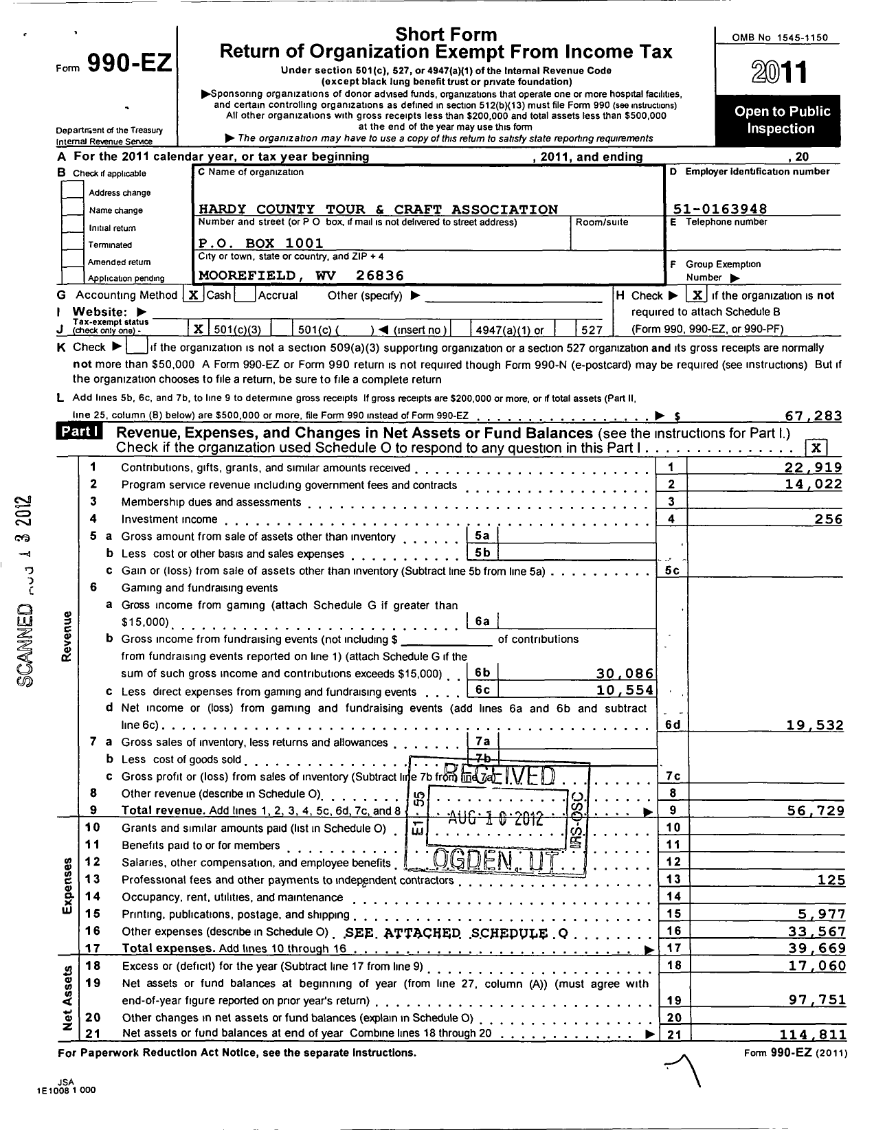 Image of first page of 2011 Form 990EZ for Hardy County Tour and Craft Association