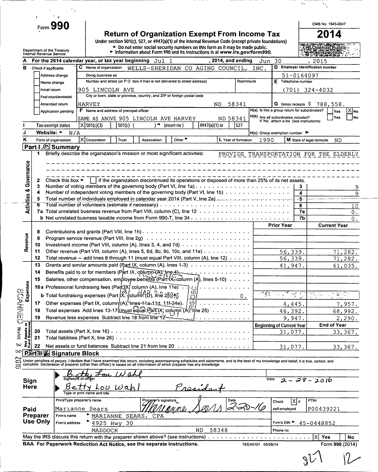 Image of first page of 2014 Form 990 for Wells-Sheridan Aging Council