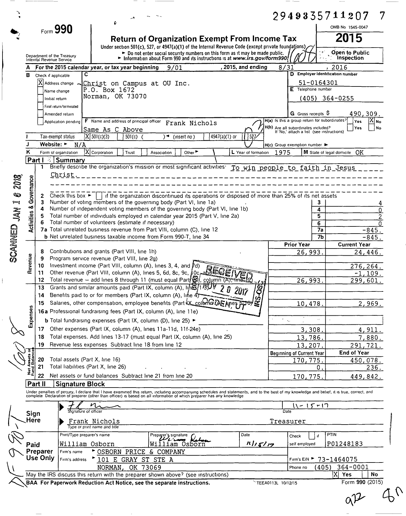 Image of first page of 2015 Form 990 for Christ on Campus at OU