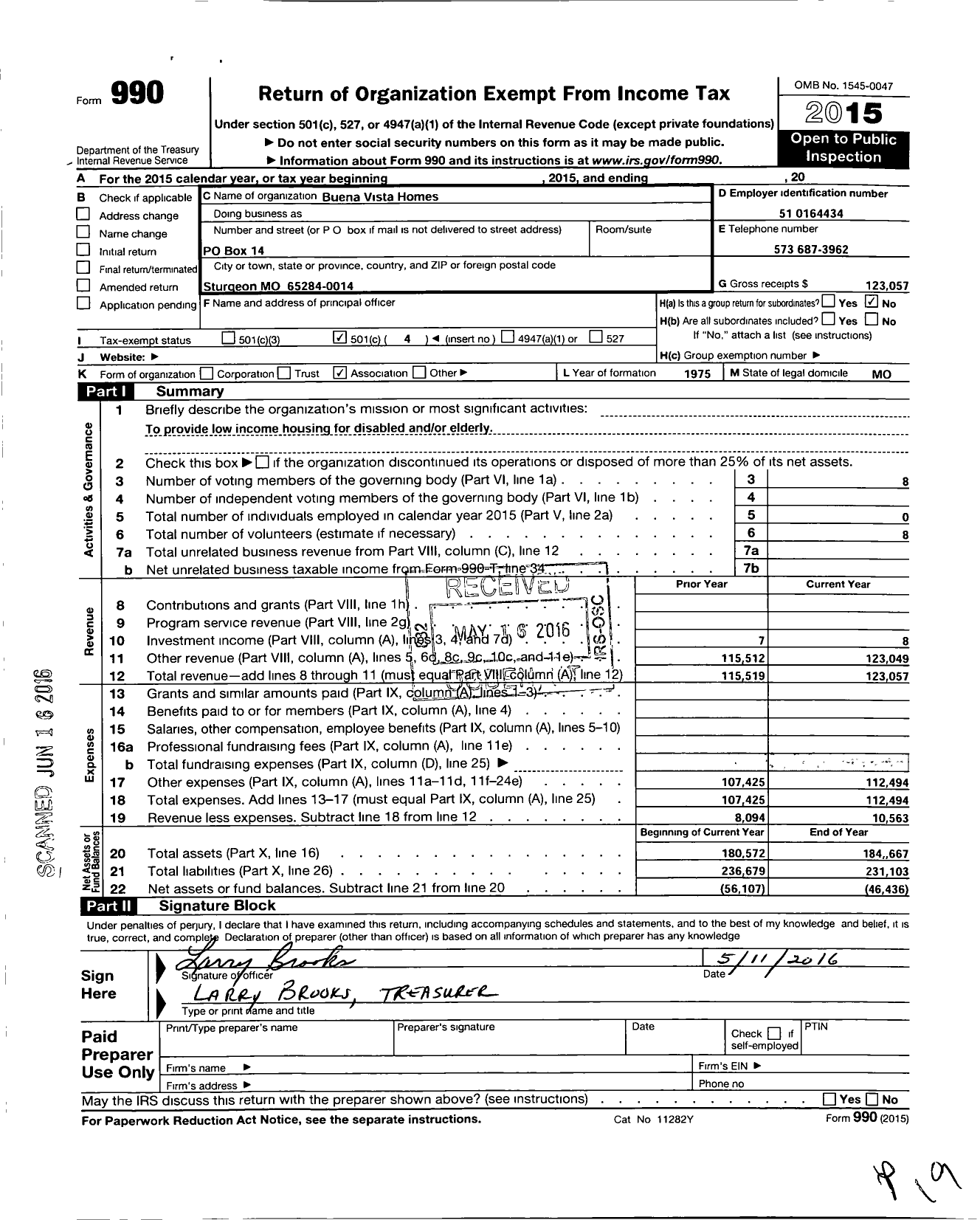 Image of first page of 2015 Form 990O for Buena Vista Homes