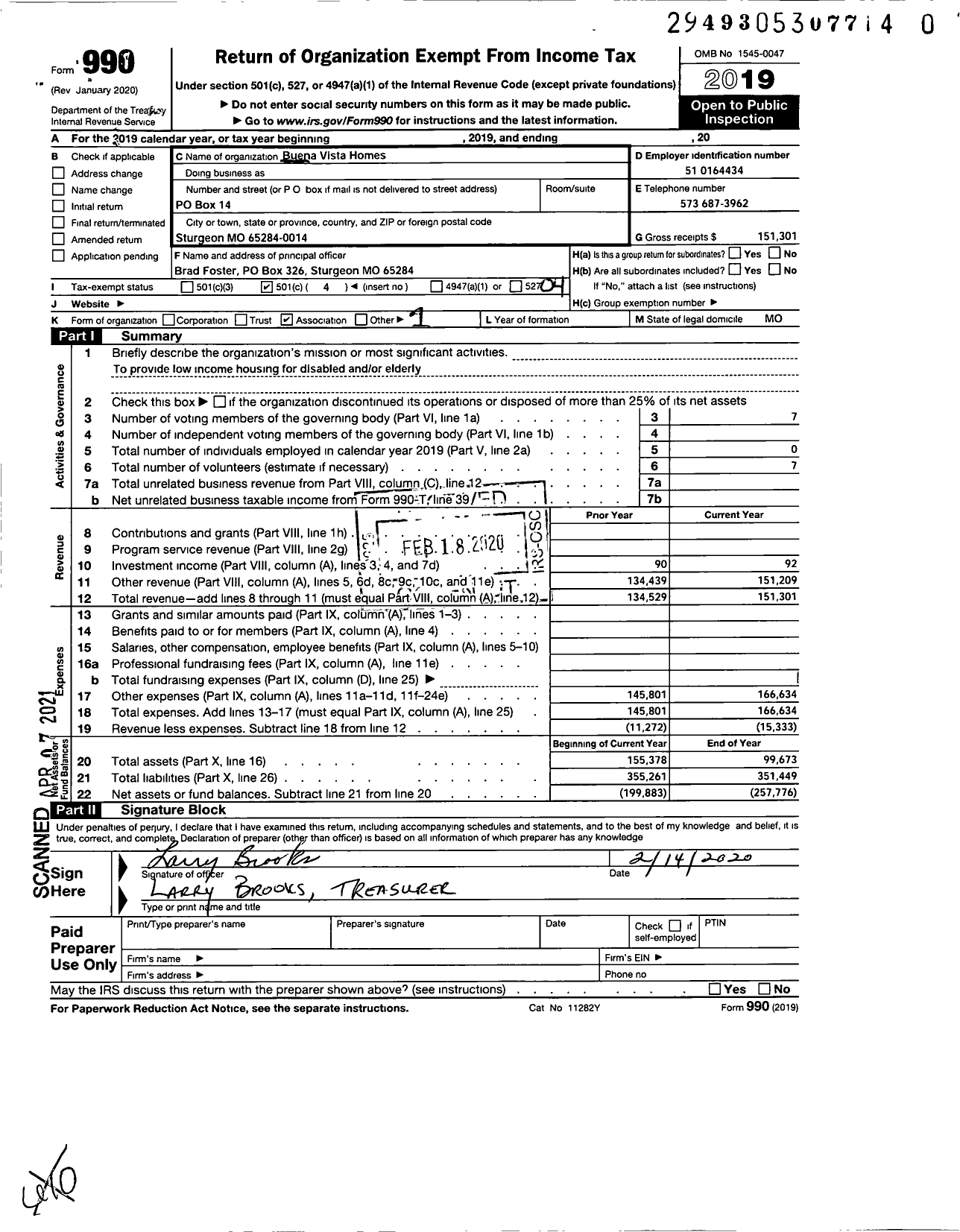 Image of first page of 2019 Form 990O for Buena Vista Homes