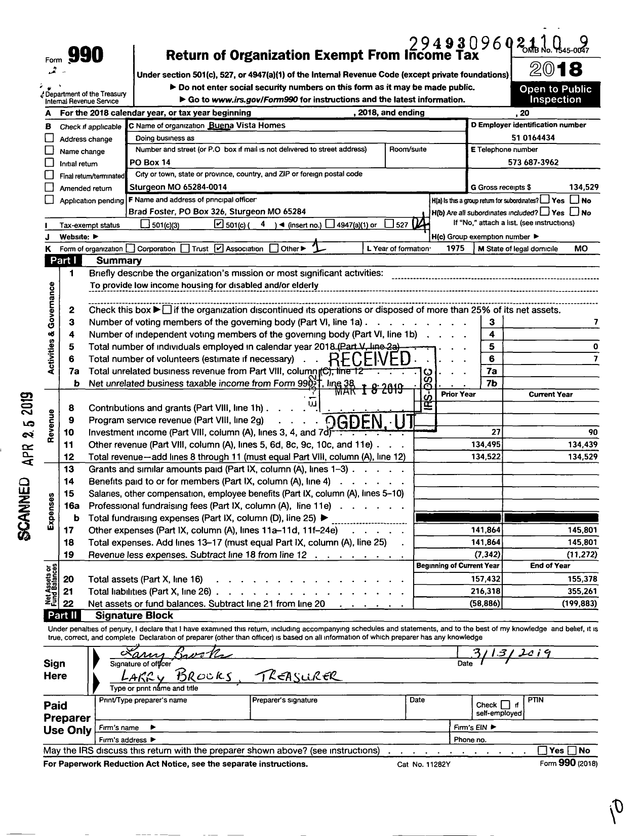 Image of first page of 2018 Form 990O for Buena Vista Homes