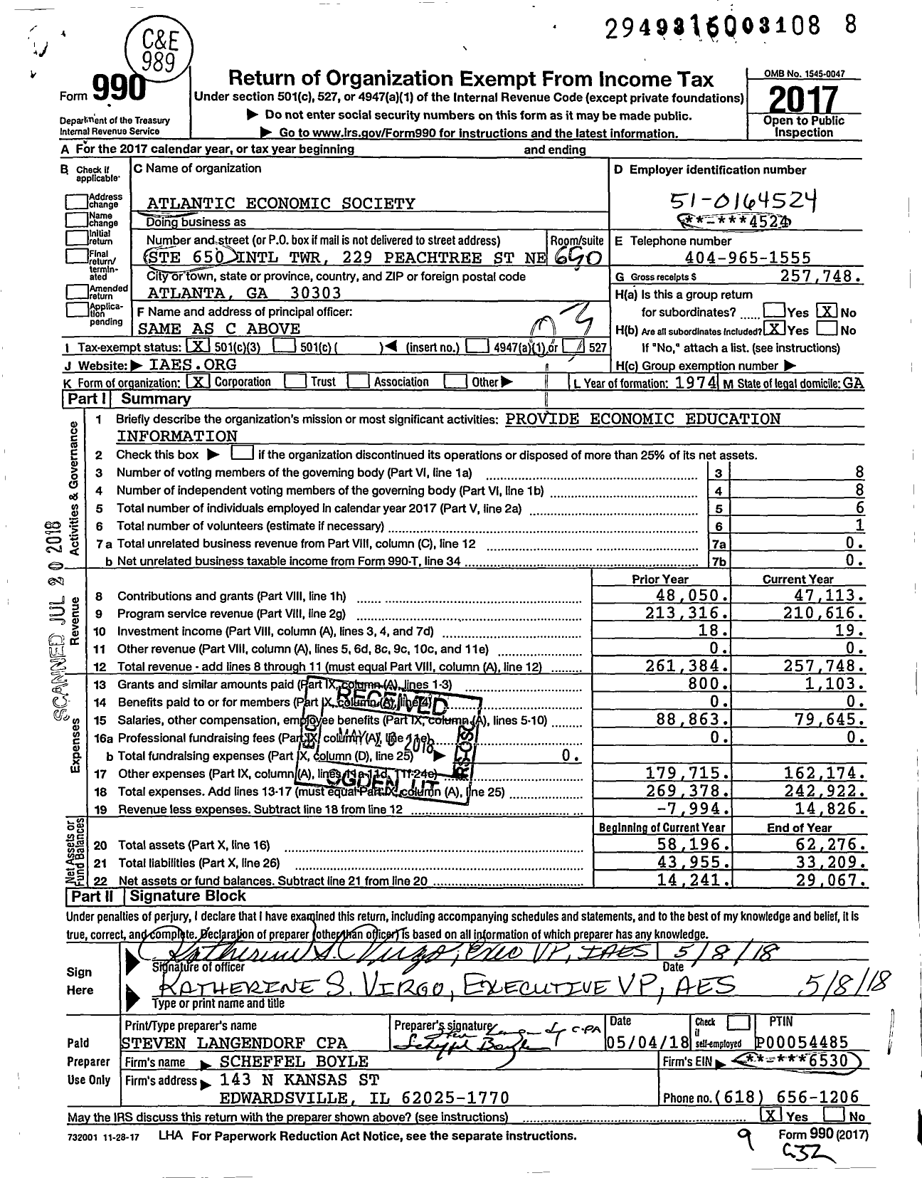 Image of first page of 2017 Form 990 for Atlantic Economic Society