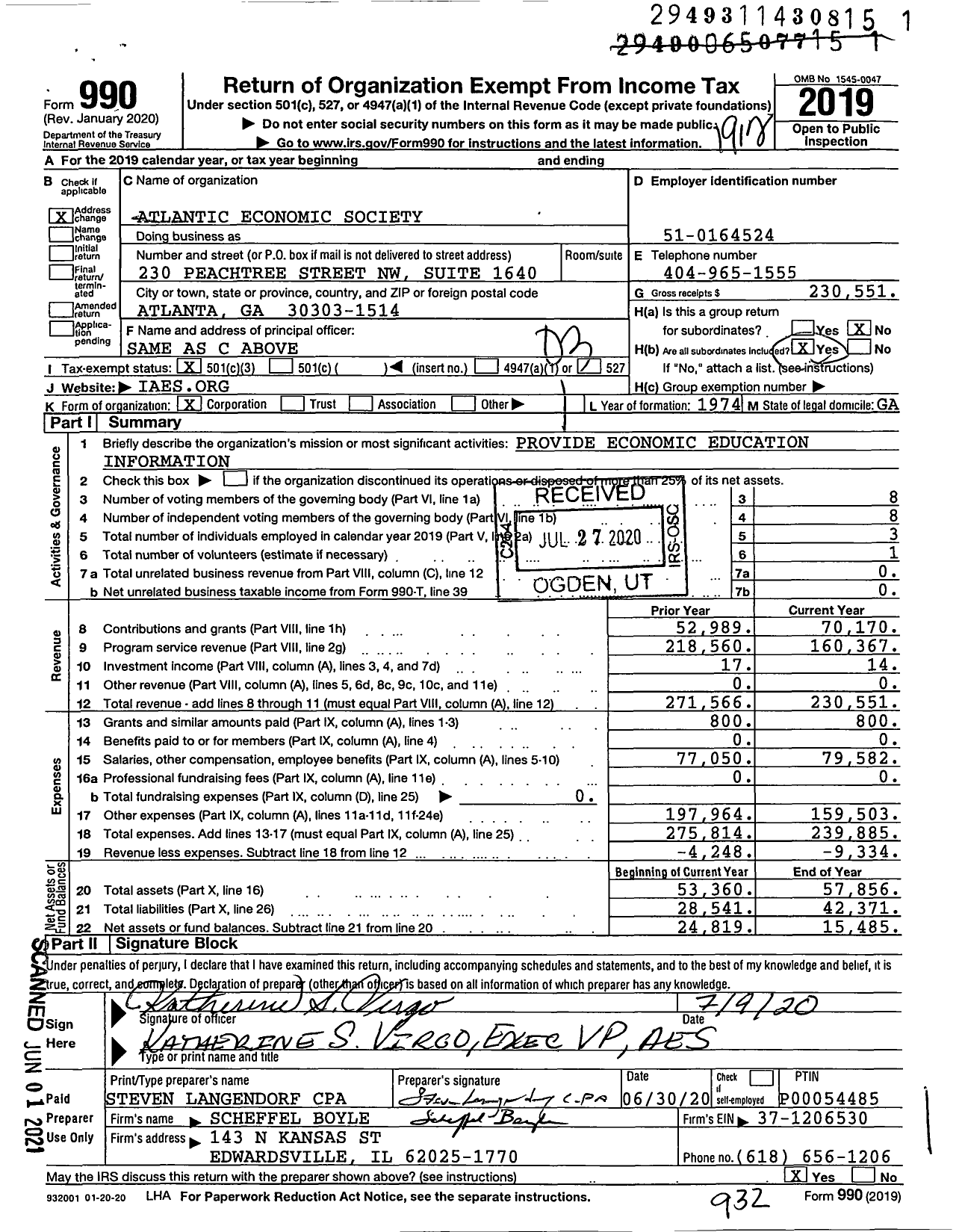 Image of first page of 2019 Form 990 for Atlantic Economic Society