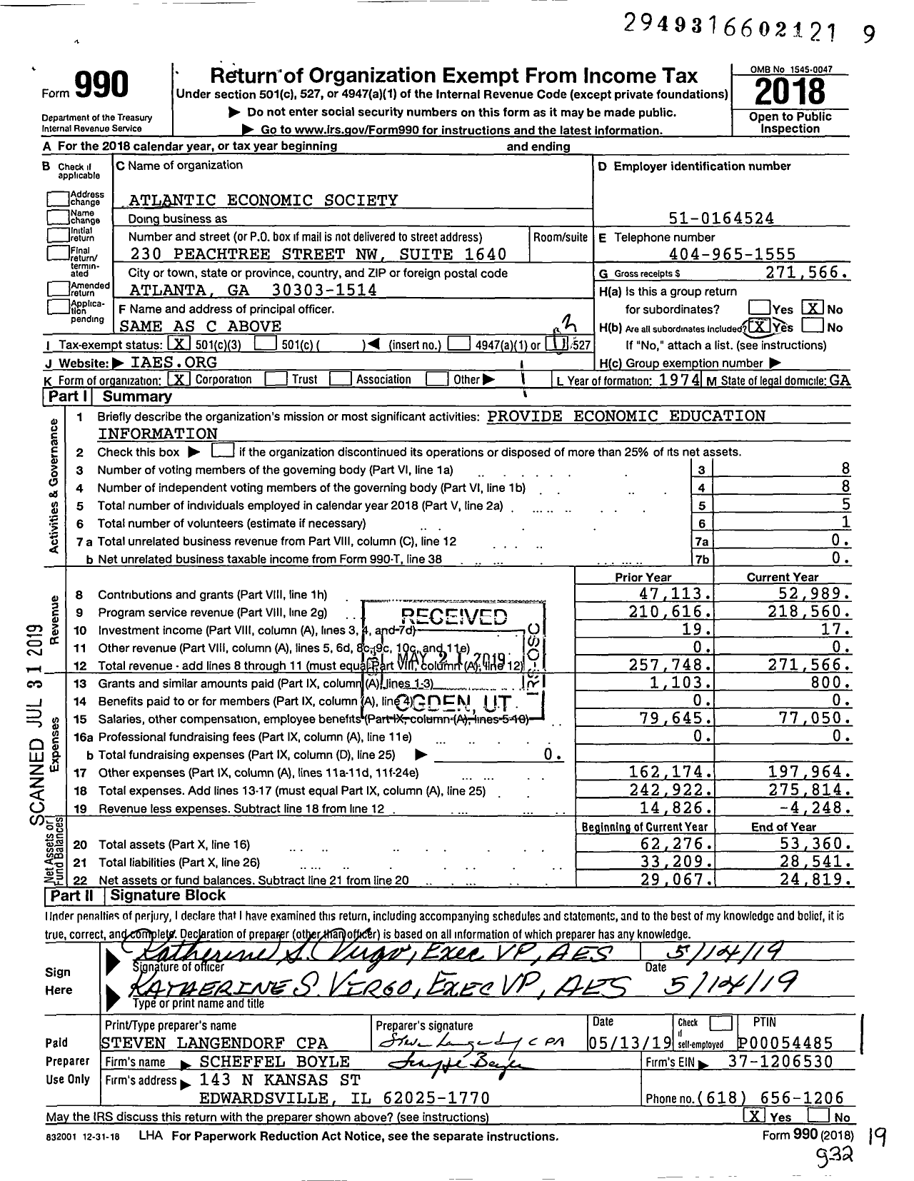 Image of first page of 2018 Form 990 for Atlantic Economic Society