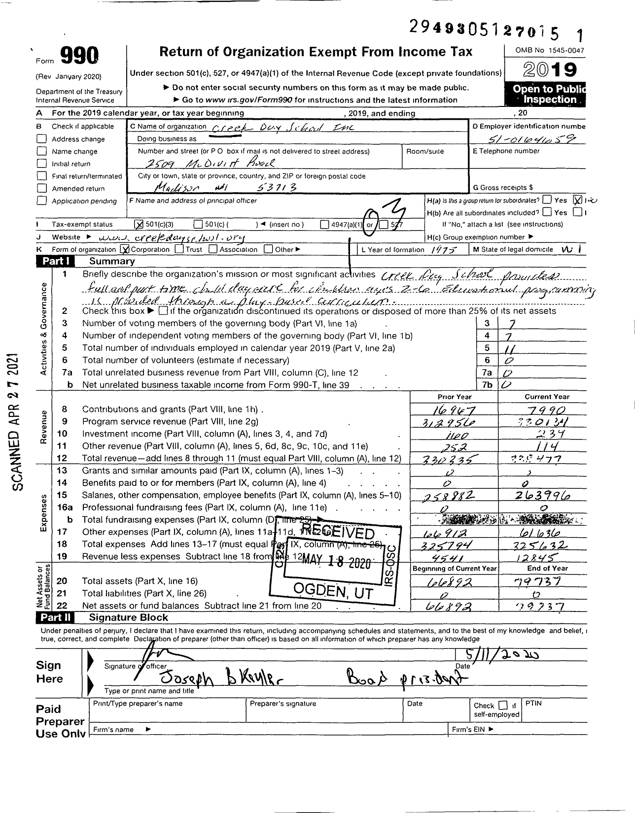 Image of first page of 2019 Form 990 for Creek Day School Incorporation