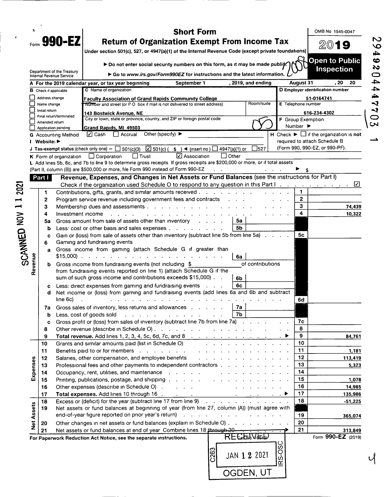 Image of first page of 2019 Form 990EO for Faculty Association of Grand Rapids Community College