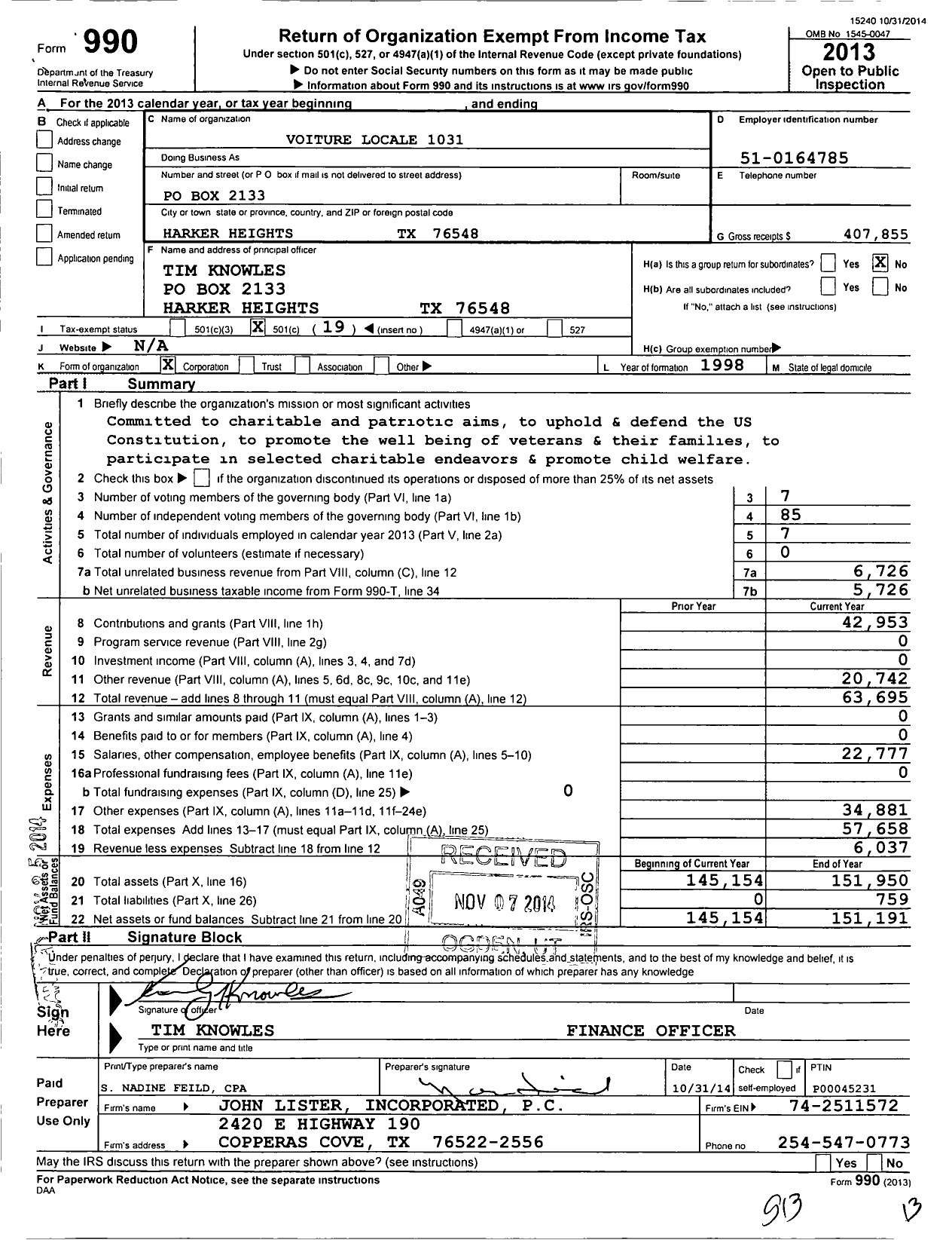 Image of first page of 2013 Form 990O for Voiture Nationale La Societe Des 40 Hommes Et 8 Chevaux / 1031 Voiture