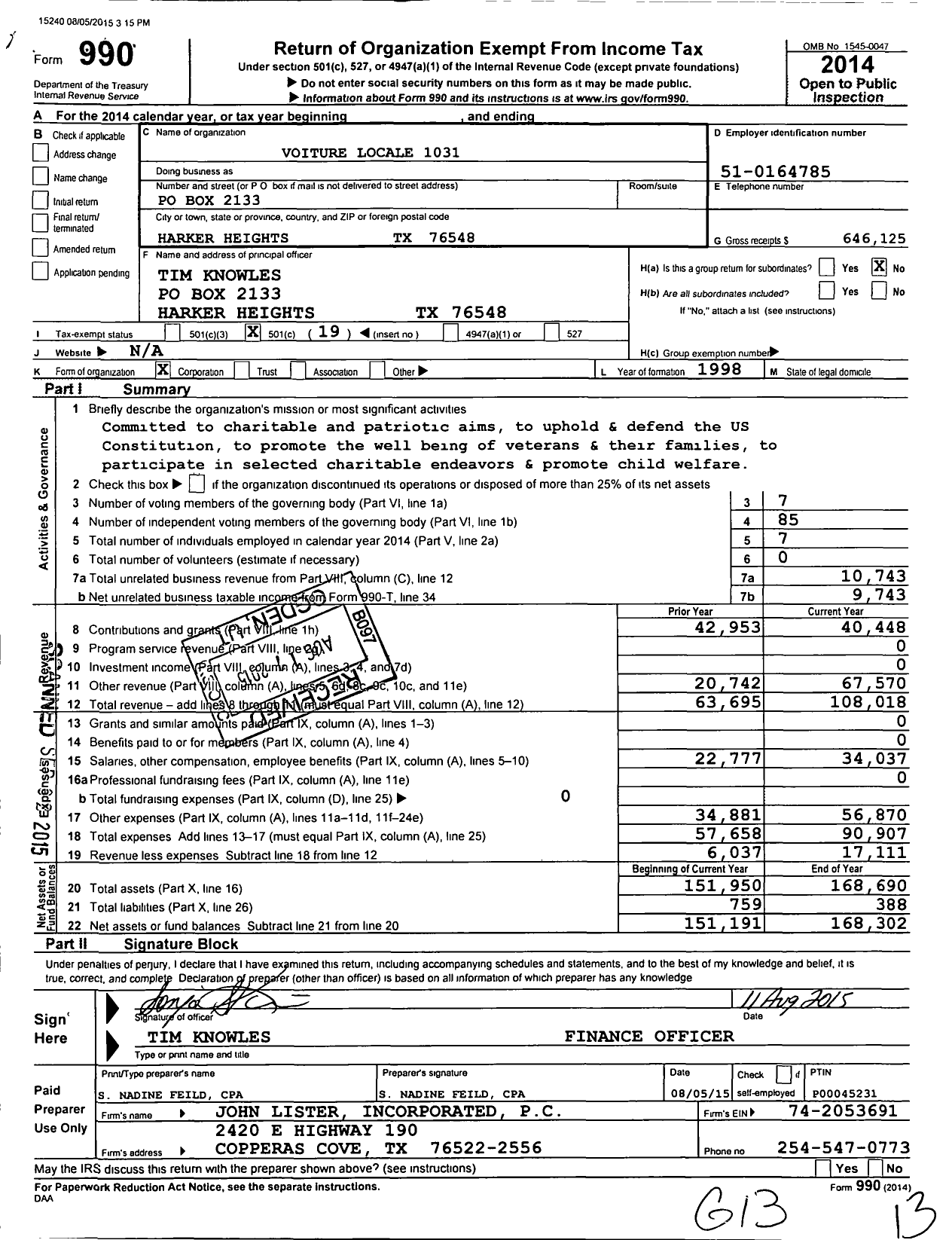 Image of first page of 2014 Form 990O for Voiture Nationale La Societe Des 40 Hommes Et 8 Chevaux / 1031 Voiture