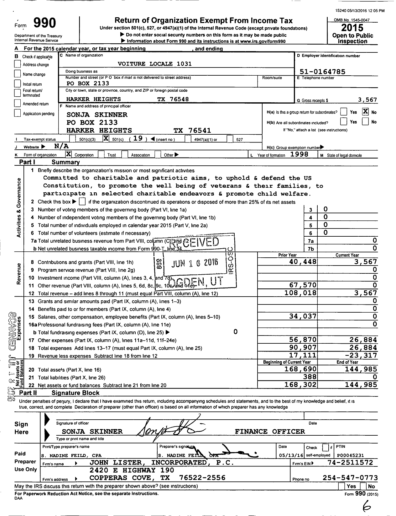 Image of first page of 2015 Form 990O for Voiture Nationale La Societe Des 40 Hommes Et 8 Chevaux / 1031 Voiture