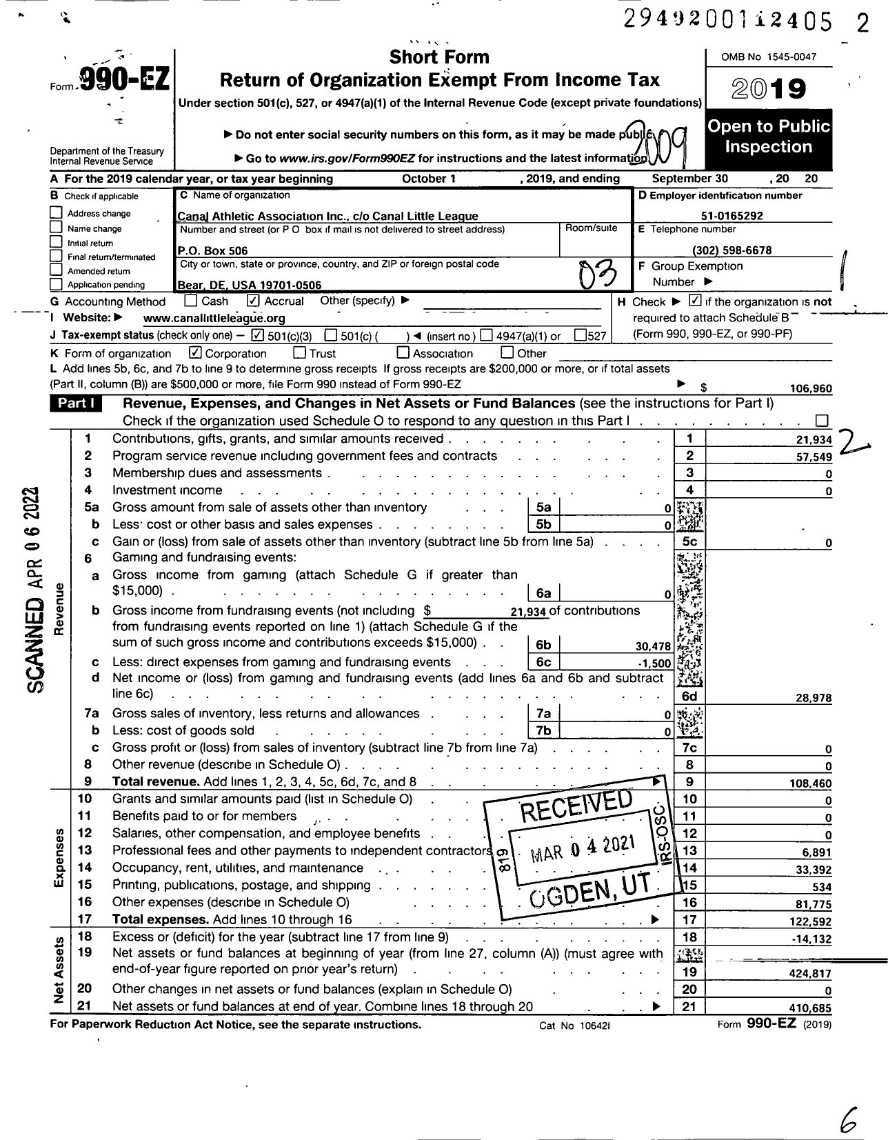 Image of first page of 2019 Form 990EZ for Canal Athletic Association