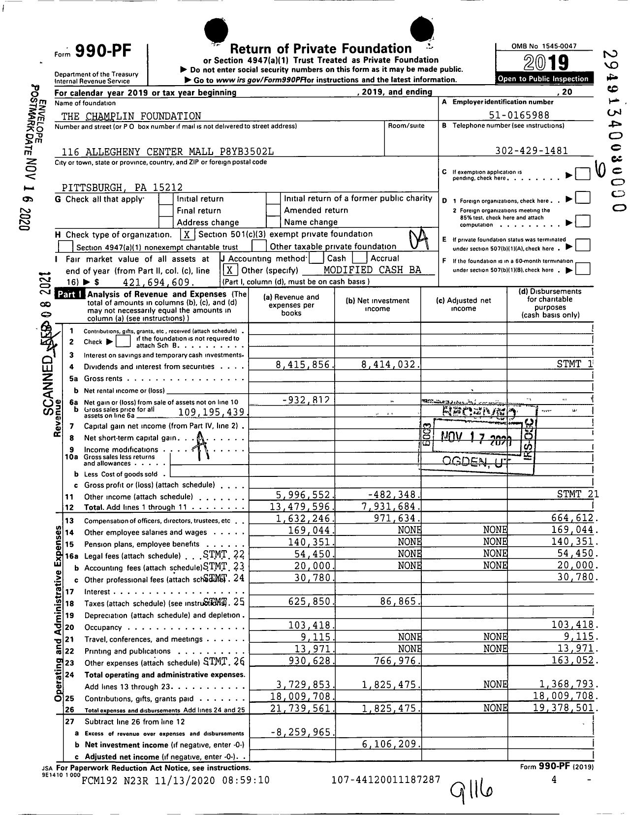 Image of first page of 2019 Form 990PF for The Champlin Foundation