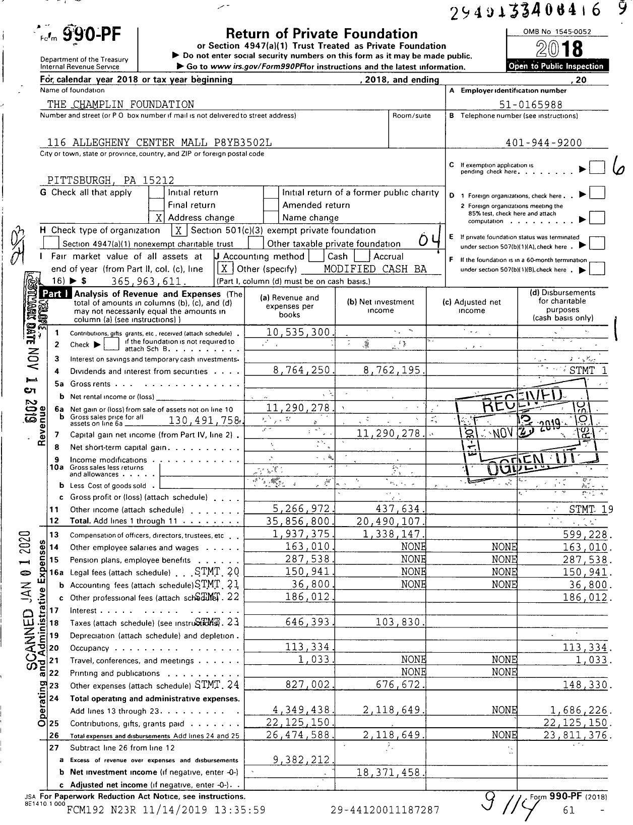 Image of first page of 2018 Form 990PF for The Champlin Foundation