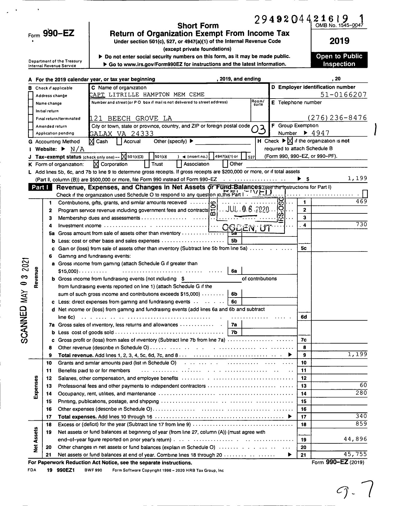 Image of first page of 2019 Form 990EZ for Capt Litrille Hampton Mem Ceme